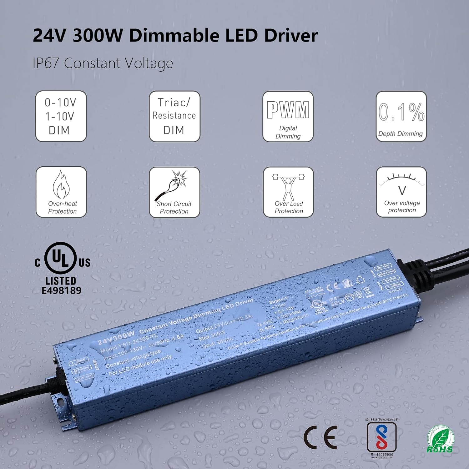 BENLUN Constant Voltage 24V 300W 12,5A Dimmable LED Driver, 5 in 1 Dimming LED Power Supply IP67 Waterproof, AC 110V Triac LED Transformer for Strip Light, Computer Project, Outdoor Light