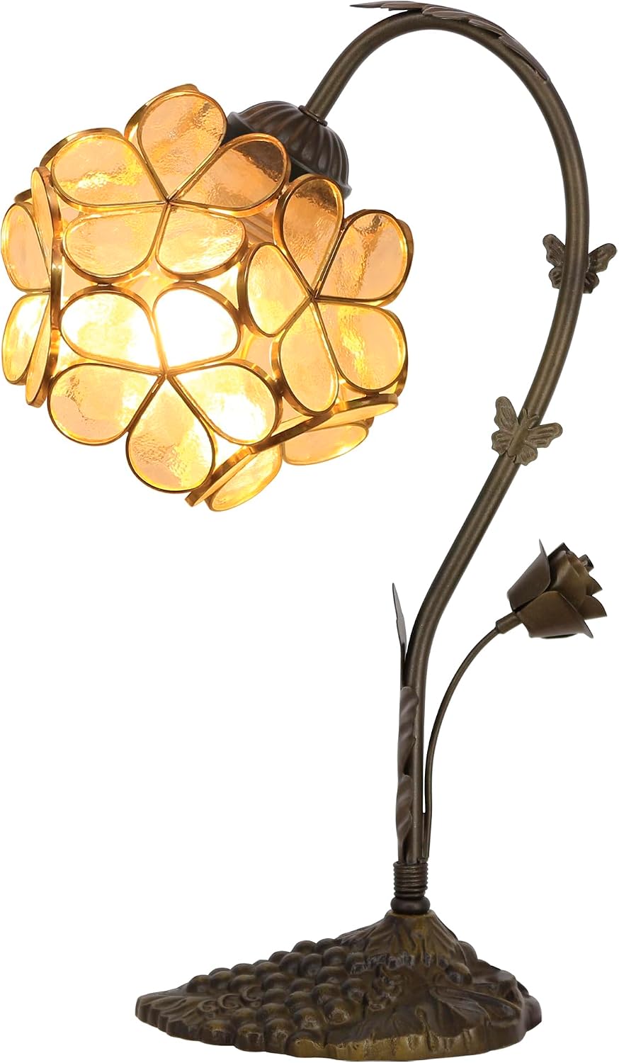 Tiffany Lamp Stained Glass Transparent Small Flower Petal Table Lamp with Metal Leaf Resin Base 10X6X16 Inches Desk Reading Light