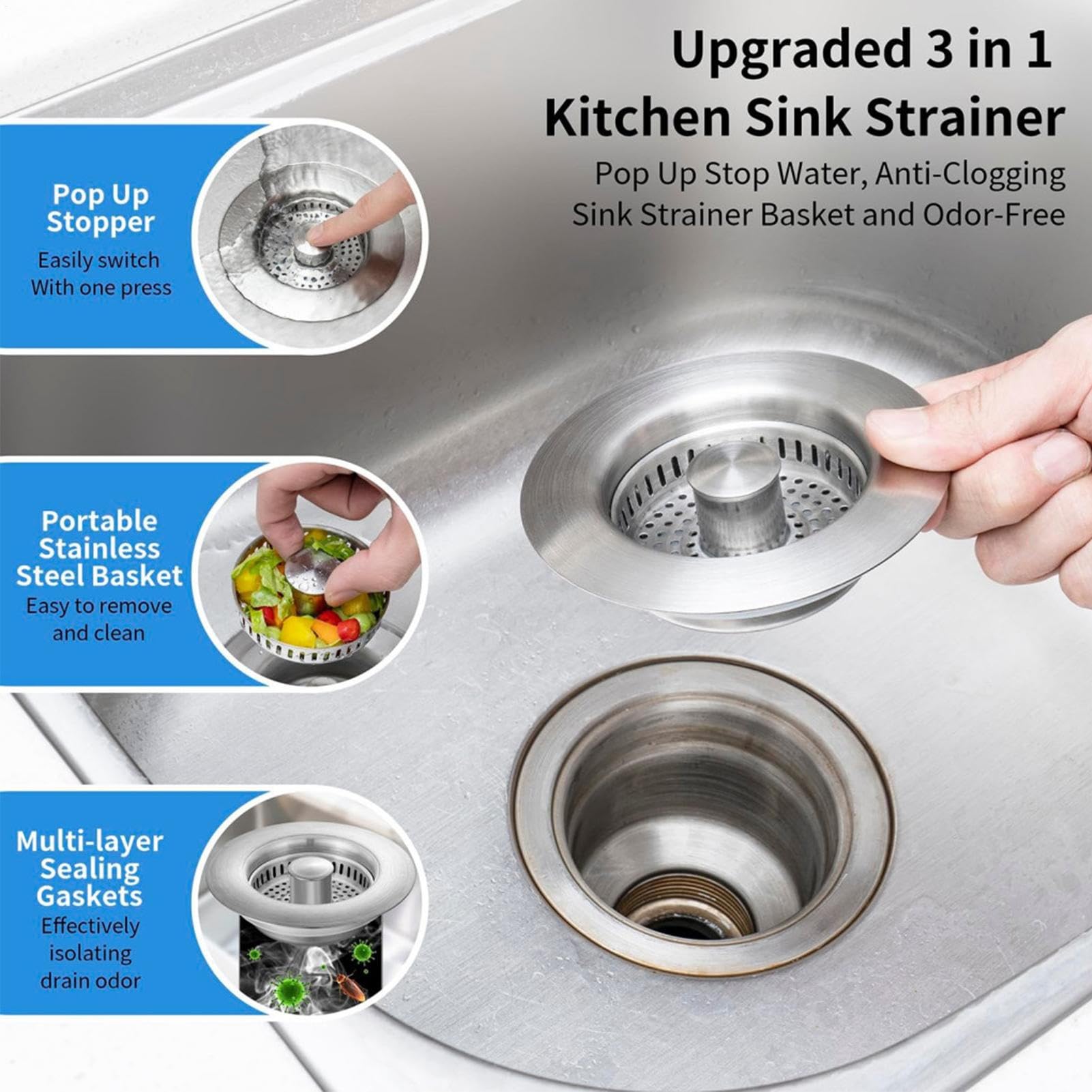 Bouchon de canalisation de Cuisine, crépine pour évier,Bouchon d'évier de Cuisine escamotable en Acier Inoxydable - d'évier à Drainage Rapide, Panier collecteur de Nourriture Anti-colmatage po