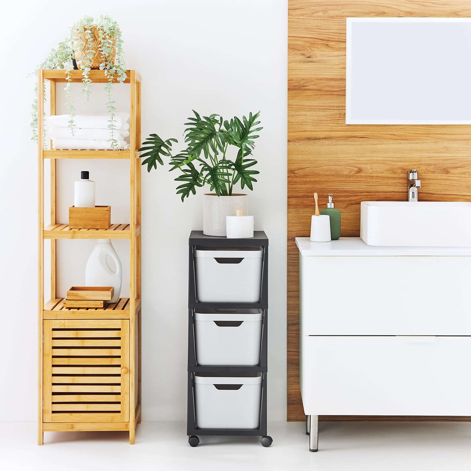 Rotho Jive Cajonera móvil con 3 cajones, 3 x 16l (37.9 x 30.4 x 32.9 cm) | Torre de almacenaje de plástico PP sin BPA con 4 ruedas giratorias para baño y cocina, diseño elegante en antracita y blanco