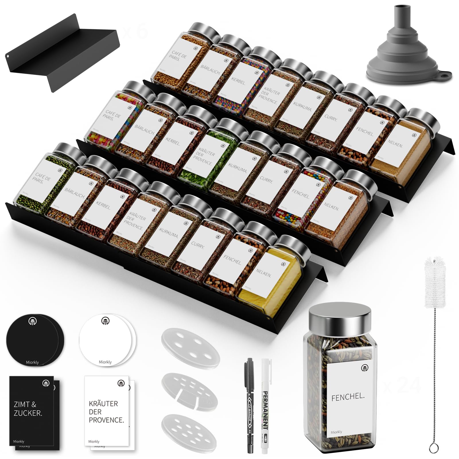 Miorkly Lot de 24 pots à épices carrés en acier inoxydable avec étiquettes (120 ml) et 6 organiseurs d'épices en métal - Parfaitement organisés pour chaque tiroir de cuisine