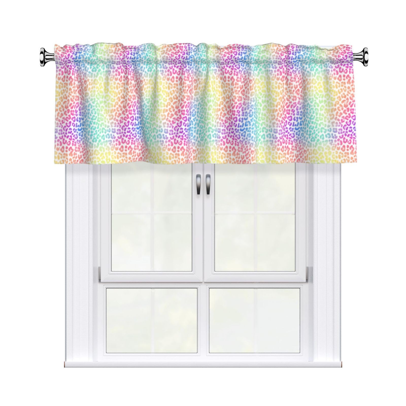 Woshuwo Gradient Rainbow Color Leopard Spots Valances For Windows Rod Pocket Window Treatment Short Curtains For Kitchen Living Room Bedroom Decor 54x18in