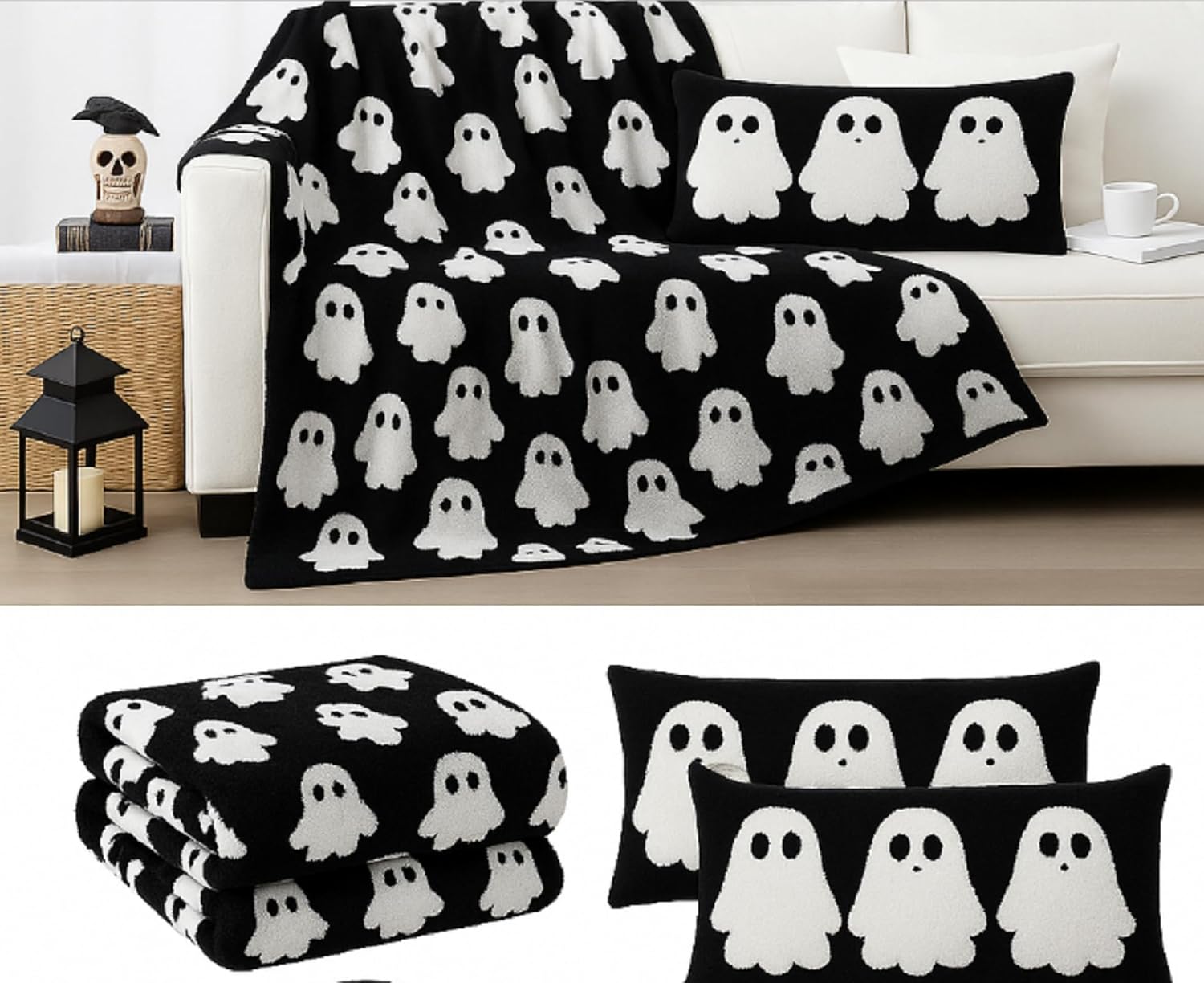 Breling Halloween Ghost Throw Blanket Set 50"x 60" Double Sided Black White Throw Blanket 2 Pack Ghost Pillow Covers 14'' x 26'' Lumbar Pillowcase for Halloween Sofa Bed Couch