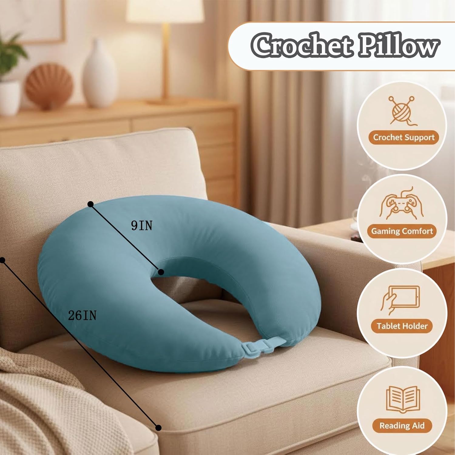 Crochet Pillow for Lap Support, with Arm & Elbow Support U-Shaped Gaming Pillow for Working, Reading, Laptop and Crocheting (Green)