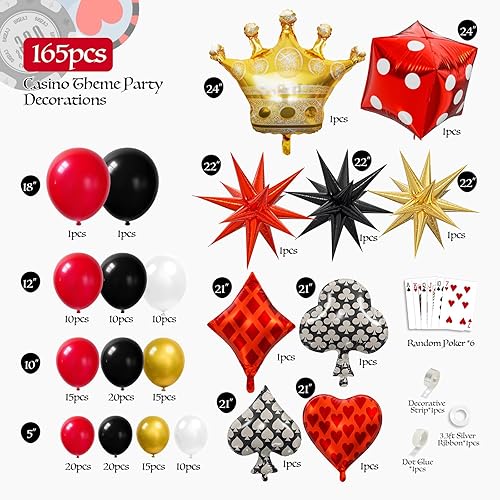 Miniatura 2 de Kit de guirnalda de arco de globos de casino de 165 piezas, globos rojos, negros y dorados con corona en explosión de estrellas, globos de papel de