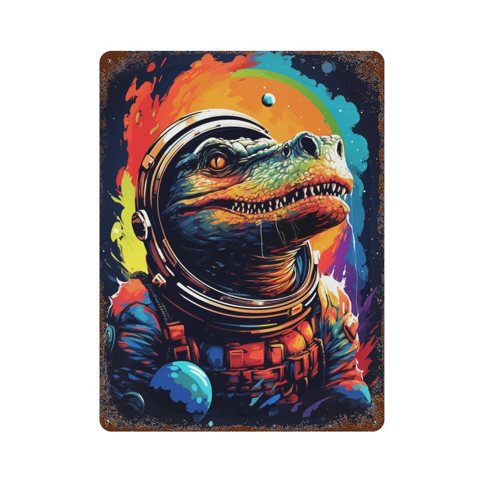 Garage Style Space Dinosaur Astronaut Art Print -1 Rust Effect Tin Sign 15.7"x11.8", Shabby Chic Decor for Bar And Workshop