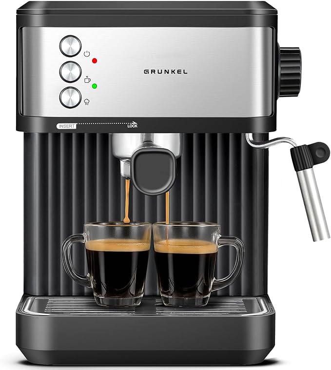Grunkel Cafetera Espresso de 20 Bares, 850W, Panel Táctil/analogico con vaporizador orientable y brazo doble salida Depósito 1,8L (Analógica)