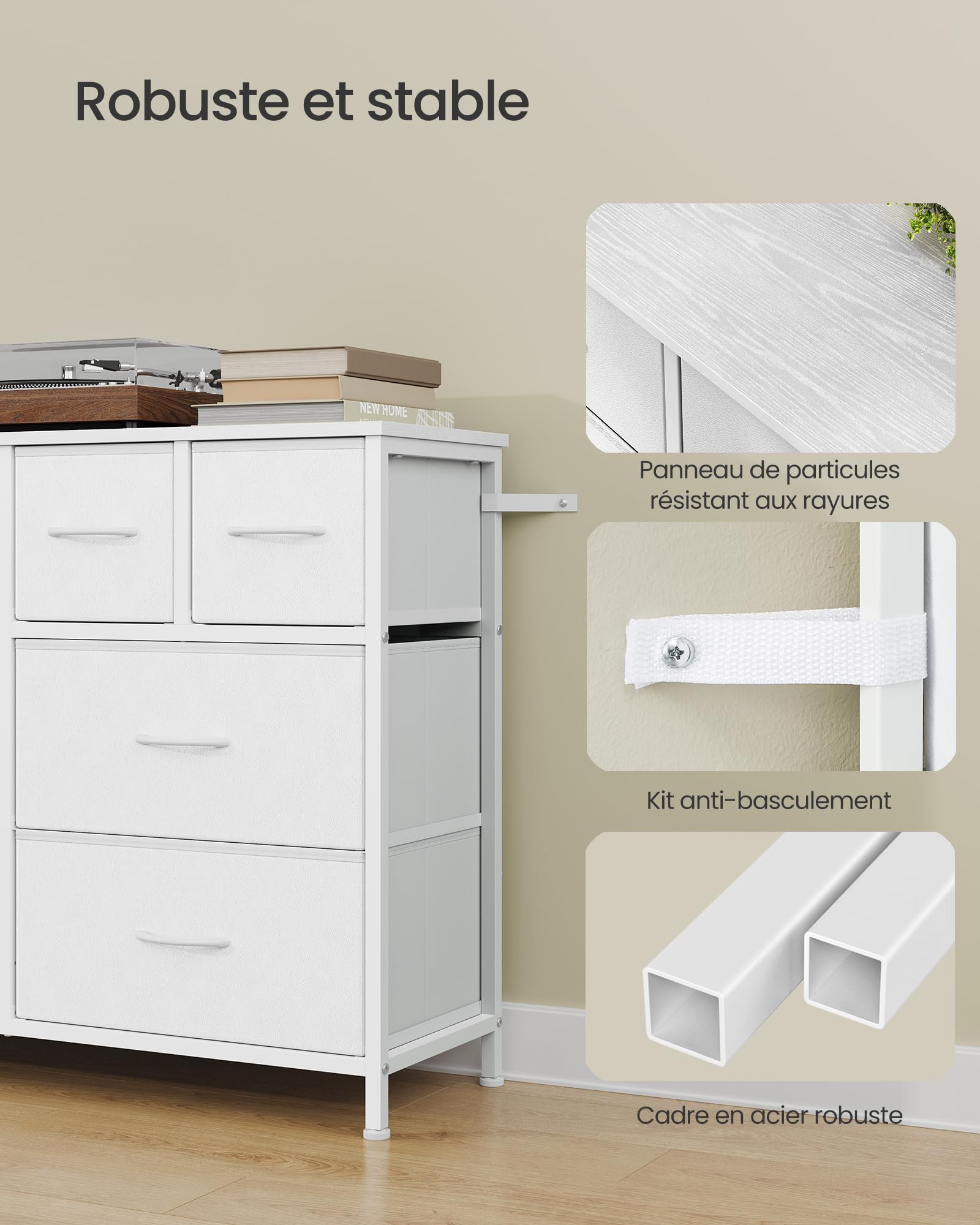 SONGMICS Commode avec 8 Tiroirs, Cadre en Acier, 98,7 x 30 x 74,7 cm | Meuble de Rangement, Tiroirs en Tissu, pour Chambre, Salon, Blanc nuage, Collection BELLAH LGS234W101