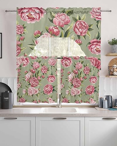 Miniatura 2 de Juego de cortinas de cocina con festón floral verde salvia, cenefa y nivel, 24 pulgadas de largo, diseño retro de flores rosa pastel, cortinas