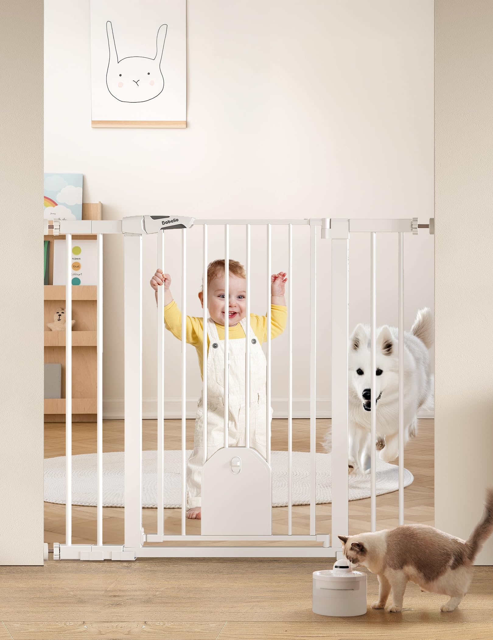 Babelio 36" Tall Auto Close Baby Gate with Small Cat Door, 29-43" Metal Cat Gate for Doorway, Stairs, House. Easy Walk Thru Dog Gate with pet Door,