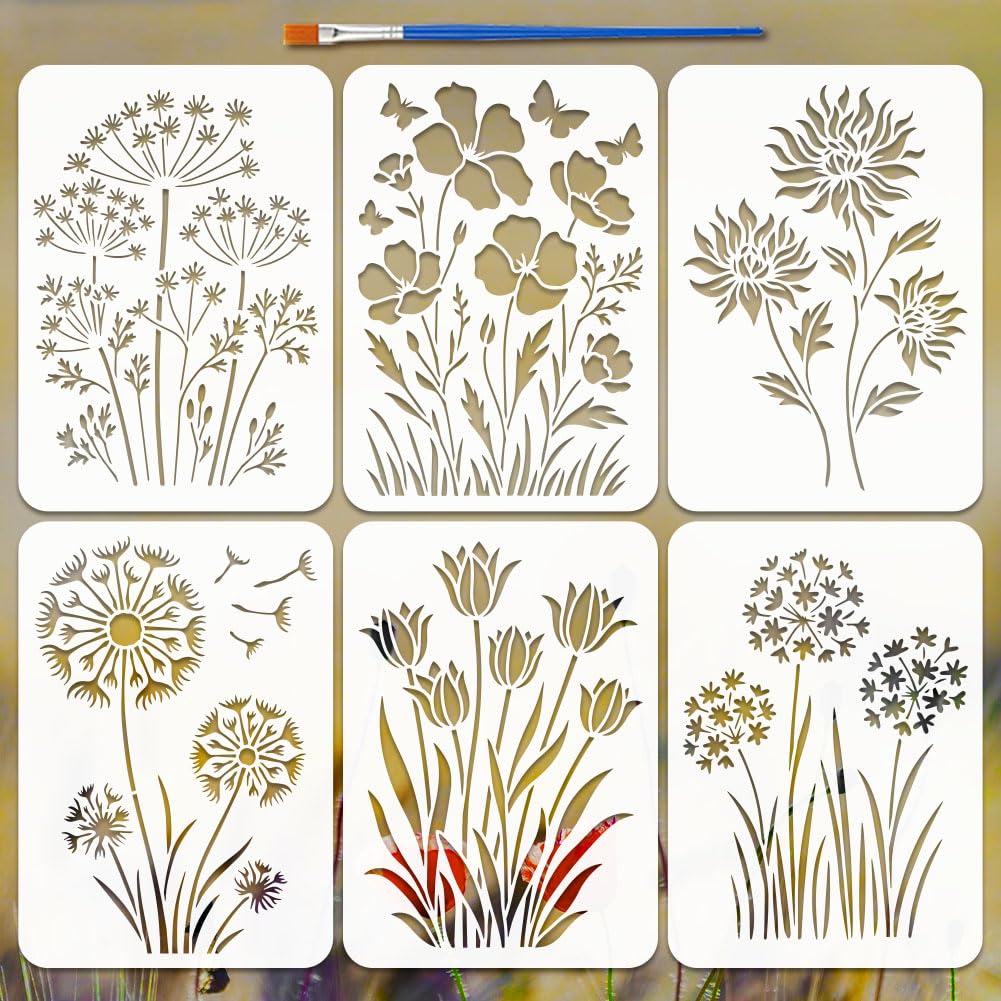 FINGERINSPIRE 6 Pcs Flower Leaves Painting Stencil with Paintbrush 29.7x21cm Reusable Dandelions Lilies Butterflies Stencil Butterfly Plant Floral Drawing Templates for Painting on Wood Wall