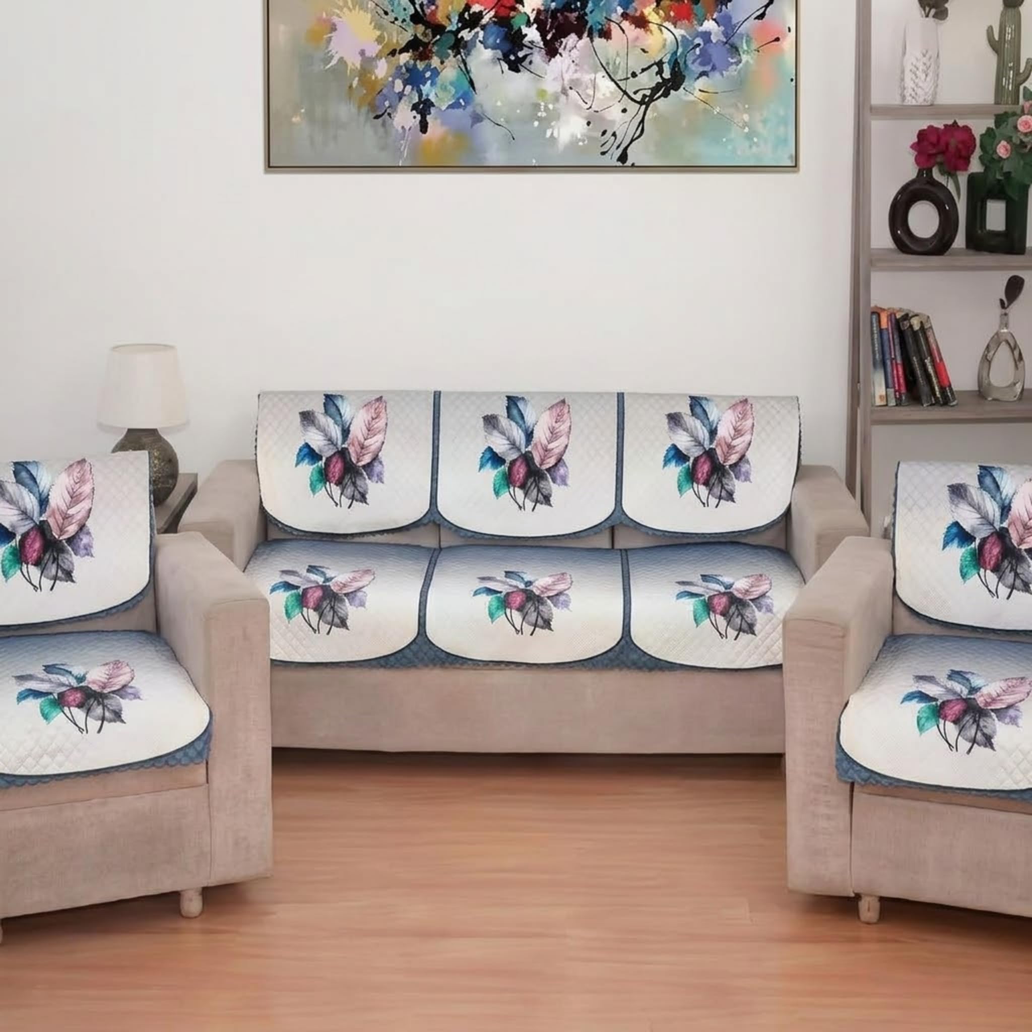Velvet Quilted Sofa Cover 5 Seater Set (10 Pieces), Anti-Slip Sofa Slipcover Set, Floral Quilted Sofa Protector, Washable Decorative Sofa Cover for 3+1+1 Seater Sofa Set (Blue KIA)-image-0