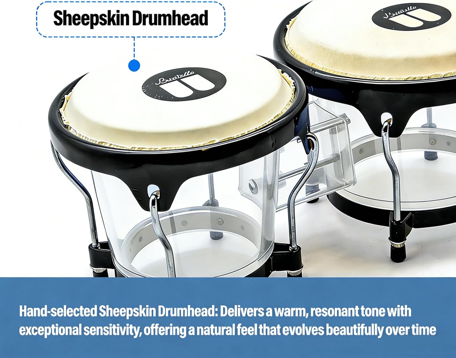 Professional 7" and 8" Bongo Drum Acrylic Shell with Genuine Sheepskin Head, Tuning Wrench Included, Rich Resonant Sound for Beginners & Professionals, Hand Drum Percussion Instrument