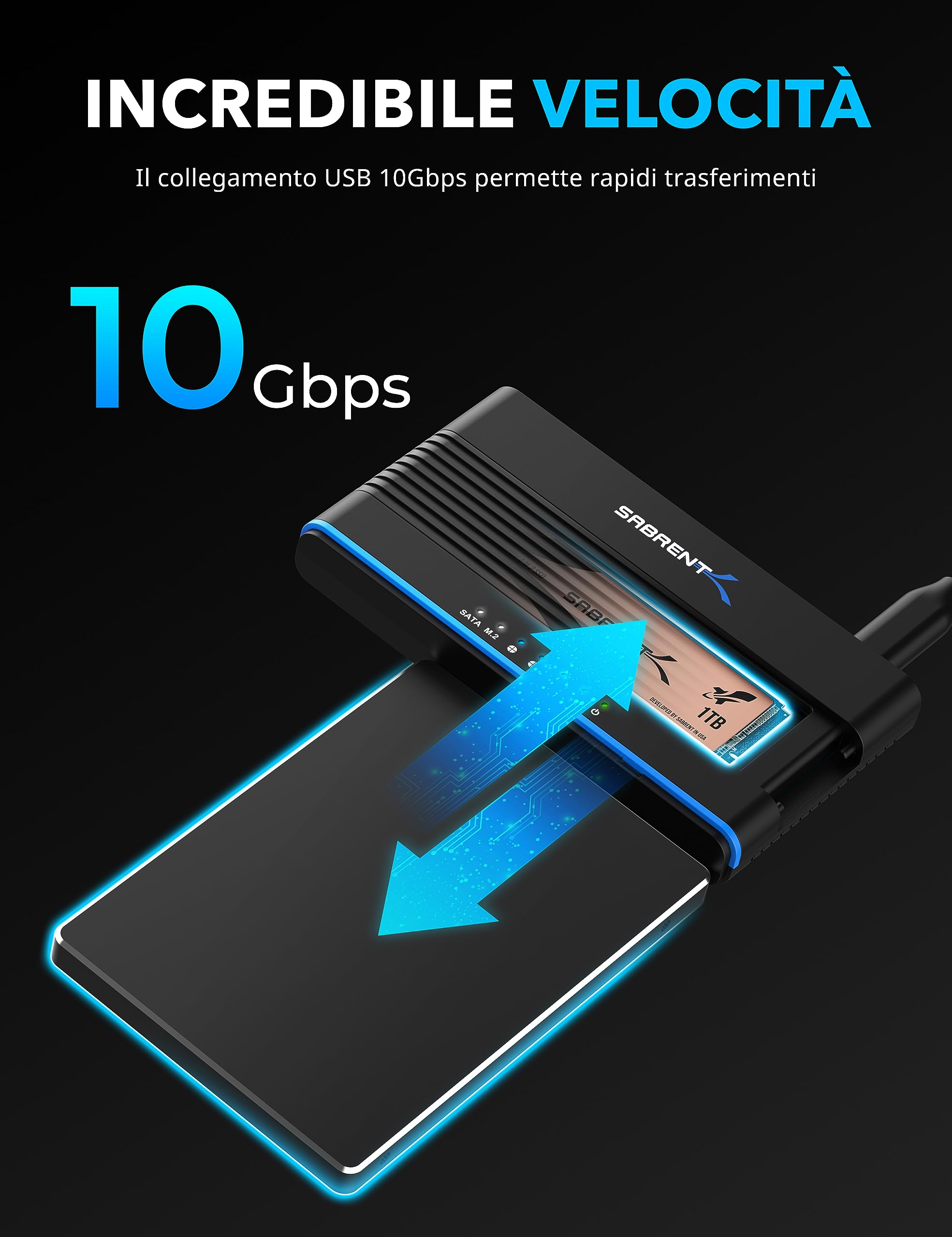 SABRENT Cabinet USB-C per M.2 NVMe e disco rigido SATA da 2,5" e 3,5", convertitore SSD HDD e M2, dock 2242, 2260 e 2280 con clonazione offline + alimentatore, cavi USB C + A inclusi (DS-UCMH)