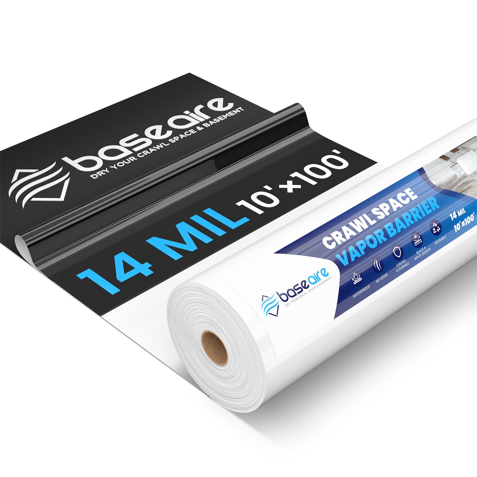BaseAire Crawl Space Vapor Barrier, 14mil Film, 10'x100', Drop Cloth Covering for Basement, Crawlspace Encapsulation, Thick Plastic Sheeting Heavy