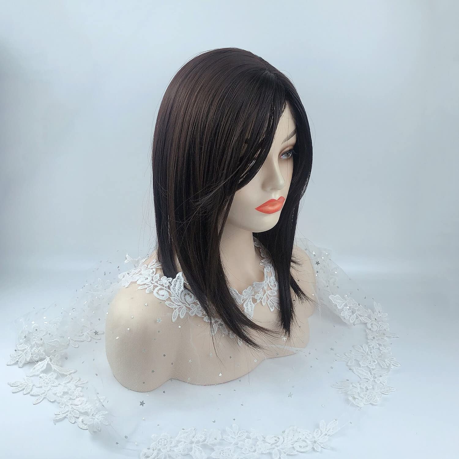 Seamless Straight Head Top Hairpiece Free Part Clip in Topper With Side Part Bangs (Dark Brown), 12x12cm - Image 3