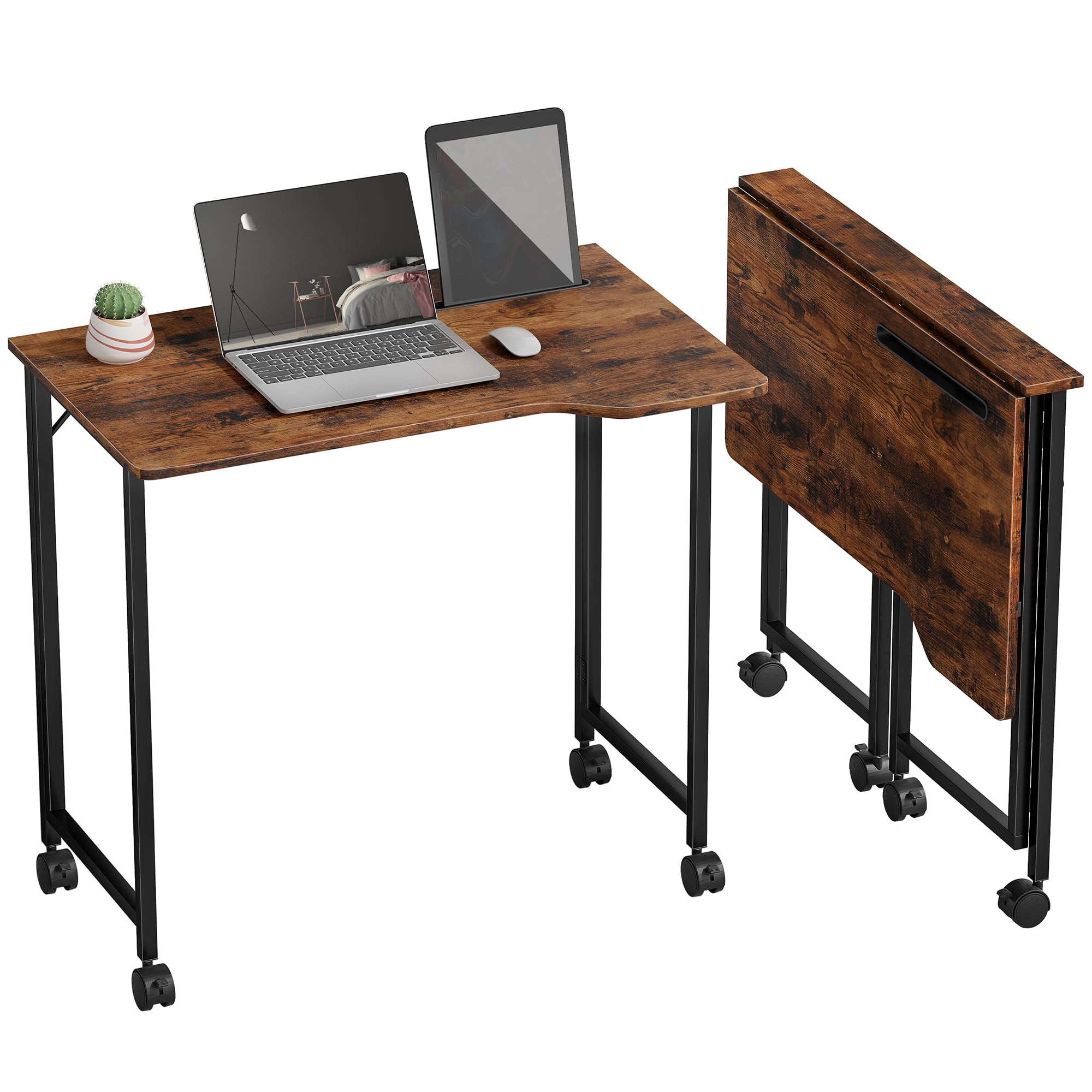 HOMCOM Small Folding Desk, 80 cm Foldable Computer Desk on Wheels for Small Space, Space Saving Writing Table with Device Slot for Home Office, Bedroom, Easy Assembly, Rustic Brown