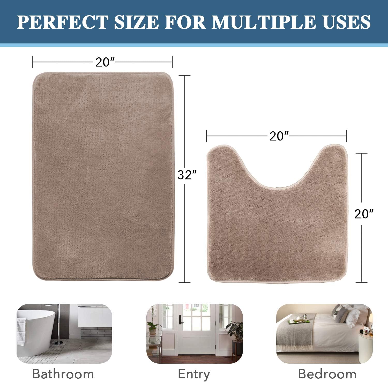 H.VERSAILTEX Bath Mat Memory Foam Bathroom Rug Flannel Velvety Luxury Extra Soft and Absorbent Non Slip Rugs for Bathroom/Bedroom Washable (Curved Set 20"x 32" Plus 20"x 20"U, Taupe) - Image 2