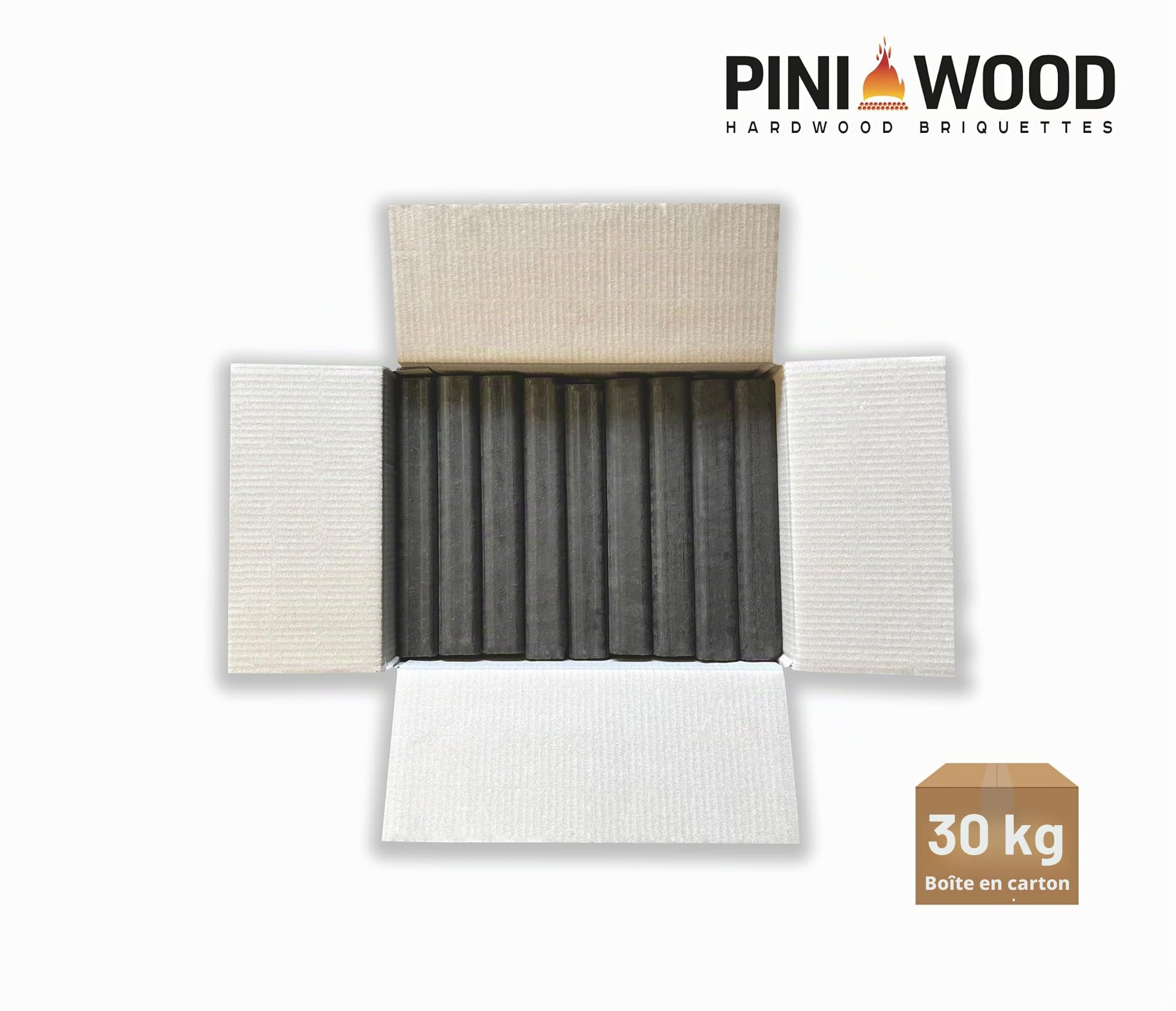 PINI Kay Briquettes en bois de chêne - Carrées - 23 cm de long - Avec trou de traction - 30 kg - Briquettes de bois de chêne - Cheminée, four, foyer, barbecue
