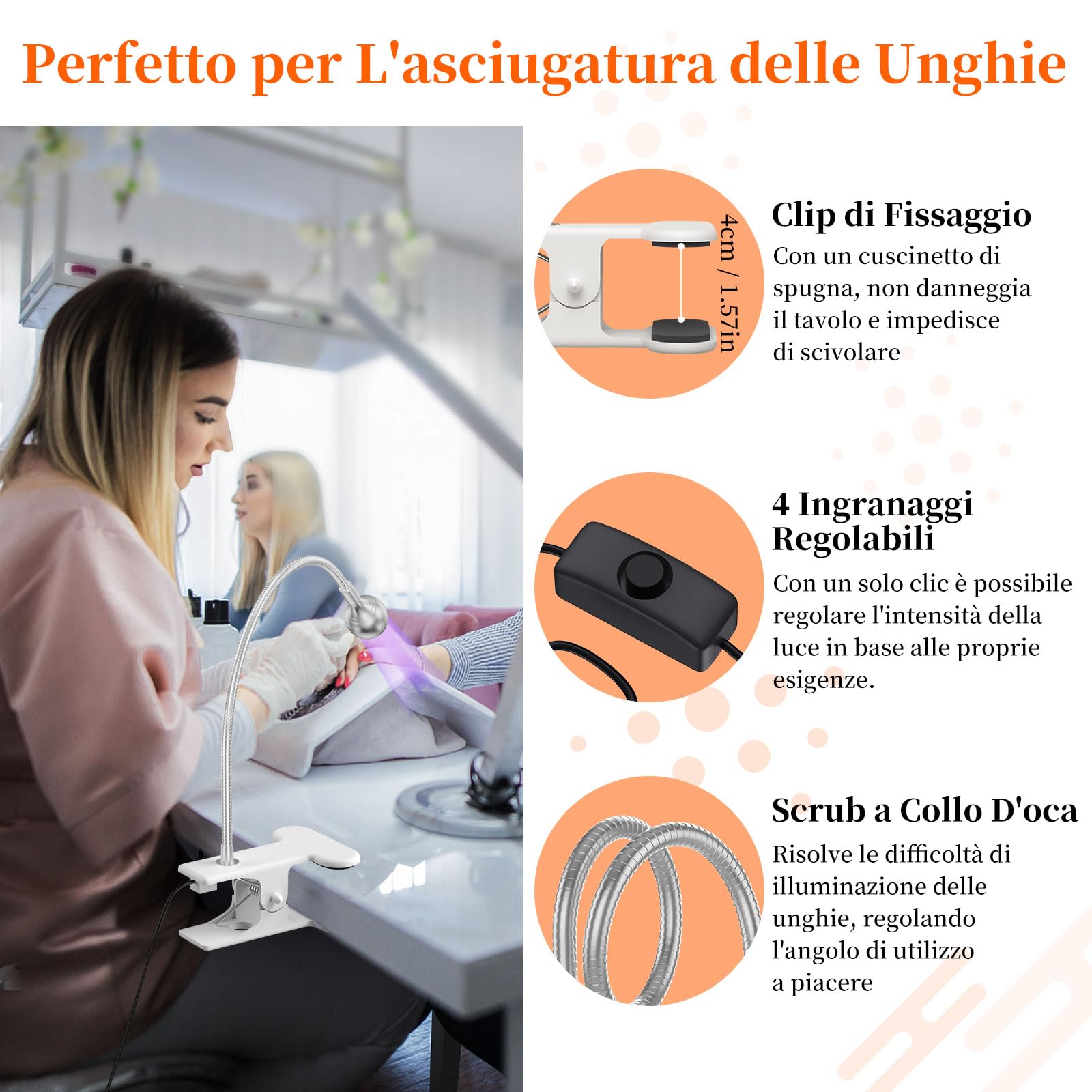 AISEELY Lampada UV per Unghie, Mini Lampada UV LED Unghie Professionale, 3W Lampada Unghie per Gel con Clip, 360° Testa Regolabile, Alimentazione USB Adatto per Manicure Accessori per Unghie Argento