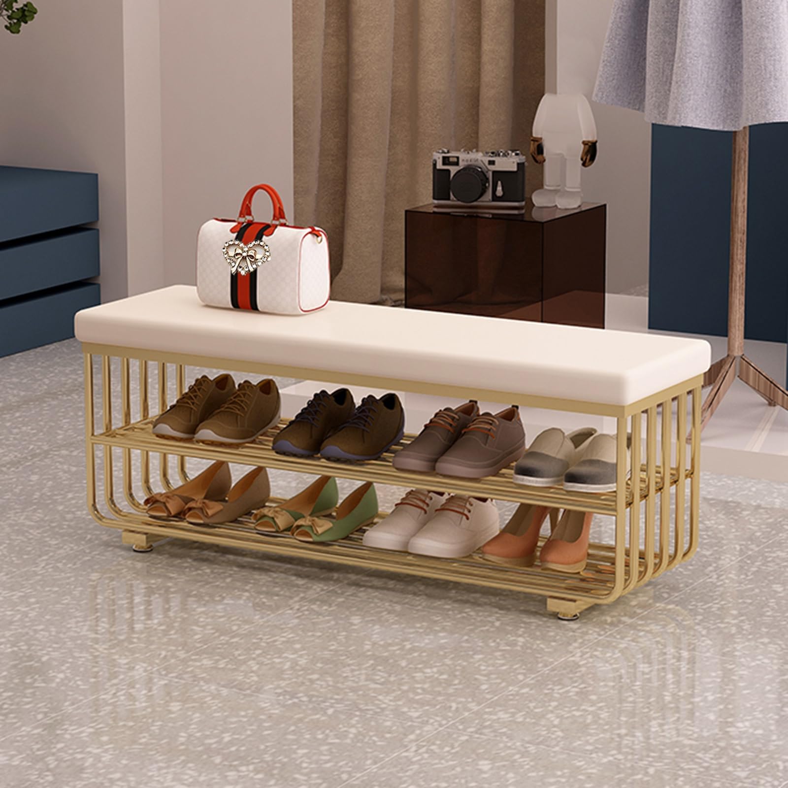 Banc à chaussures à 3 niveaux et pouf de rangement rembourré en PU