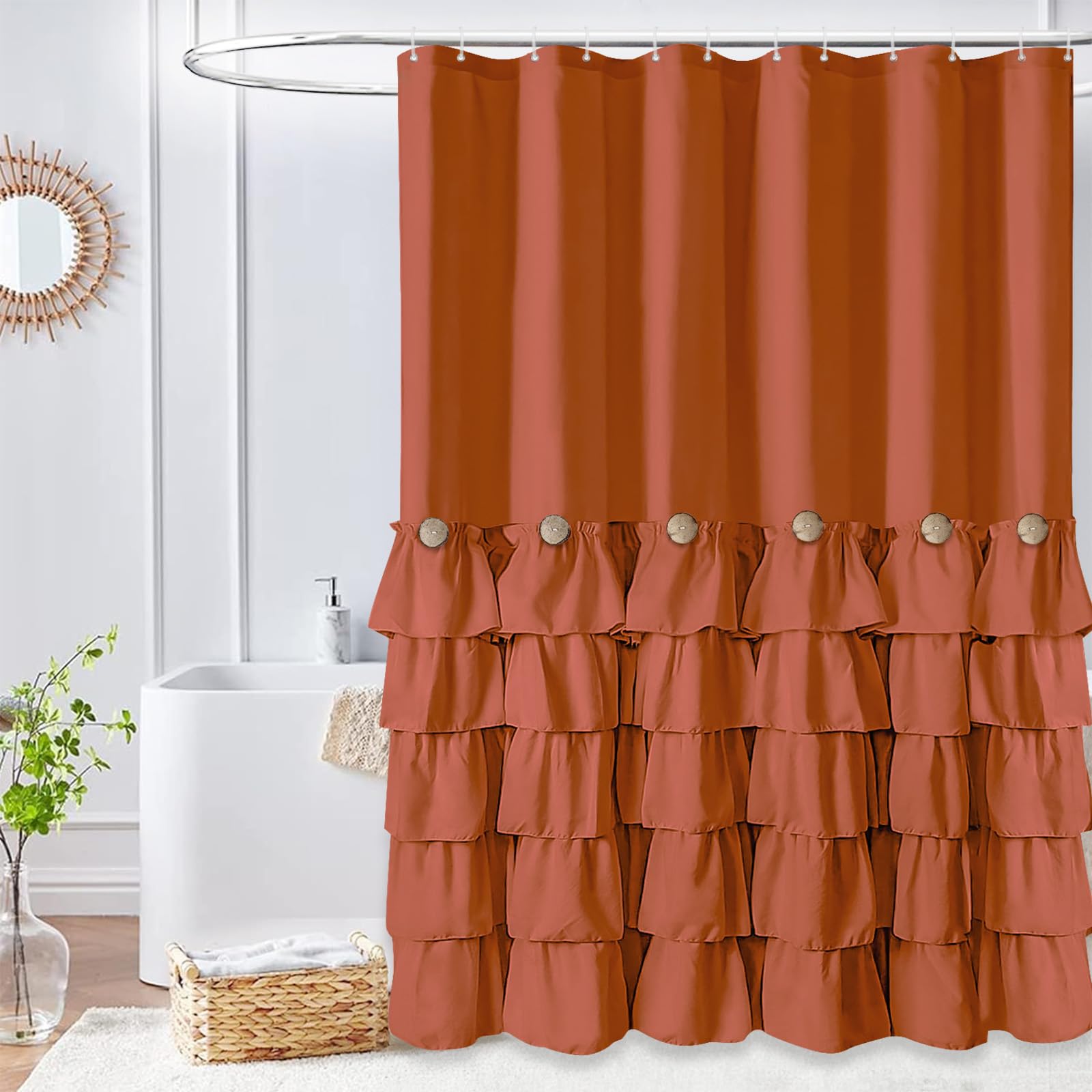 Seasonwood Dark Orange Orange Shower Curtain Burnt Orange Shower Curtain With Nature Buttons Ruffle Shower Curtains Farmhouse Shower Curtains For Bathroom 72" W X 72" L,