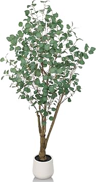 Artificial Eucalyptus Trees with White Planter, 6 FT Faux Eucalyptus Plants Indoor Tall Fake Floor Trees with Silk Leaves and Thick Trunk for Living Room Bedroom Corner Home Office Decoration