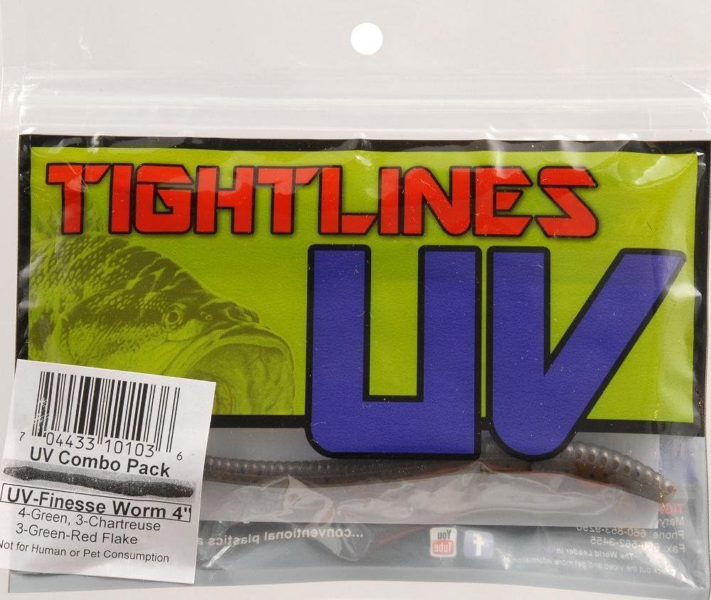 Tightlines Tackle Fishing Soft Plastic UV Finesse Worm Bait, Assorted