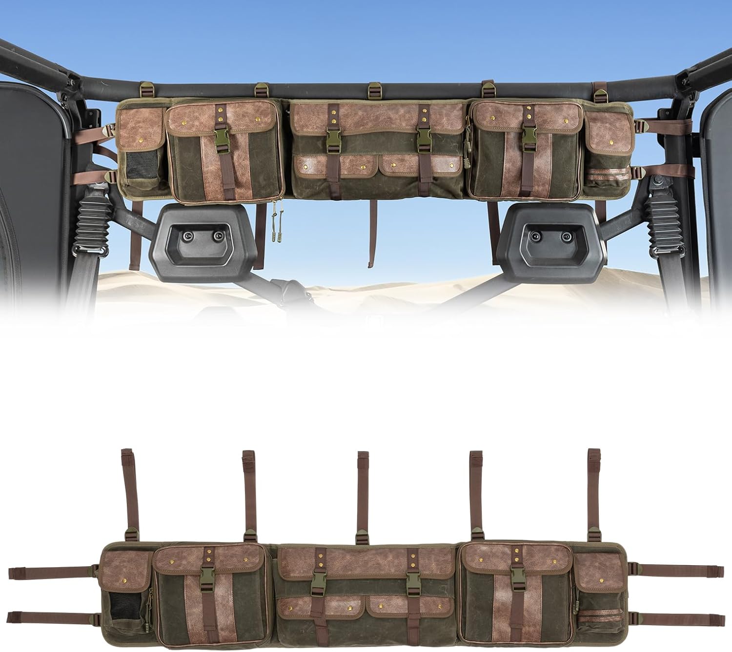 KEMIMOTO UTV Roll Cage Organizer Bag Leather, Water-Resistant Canvas Overhead Storage Bags, UTV Roll Bar Storage, Army Green, Compatible with Ranger RZR Pioneer Talon,Defender