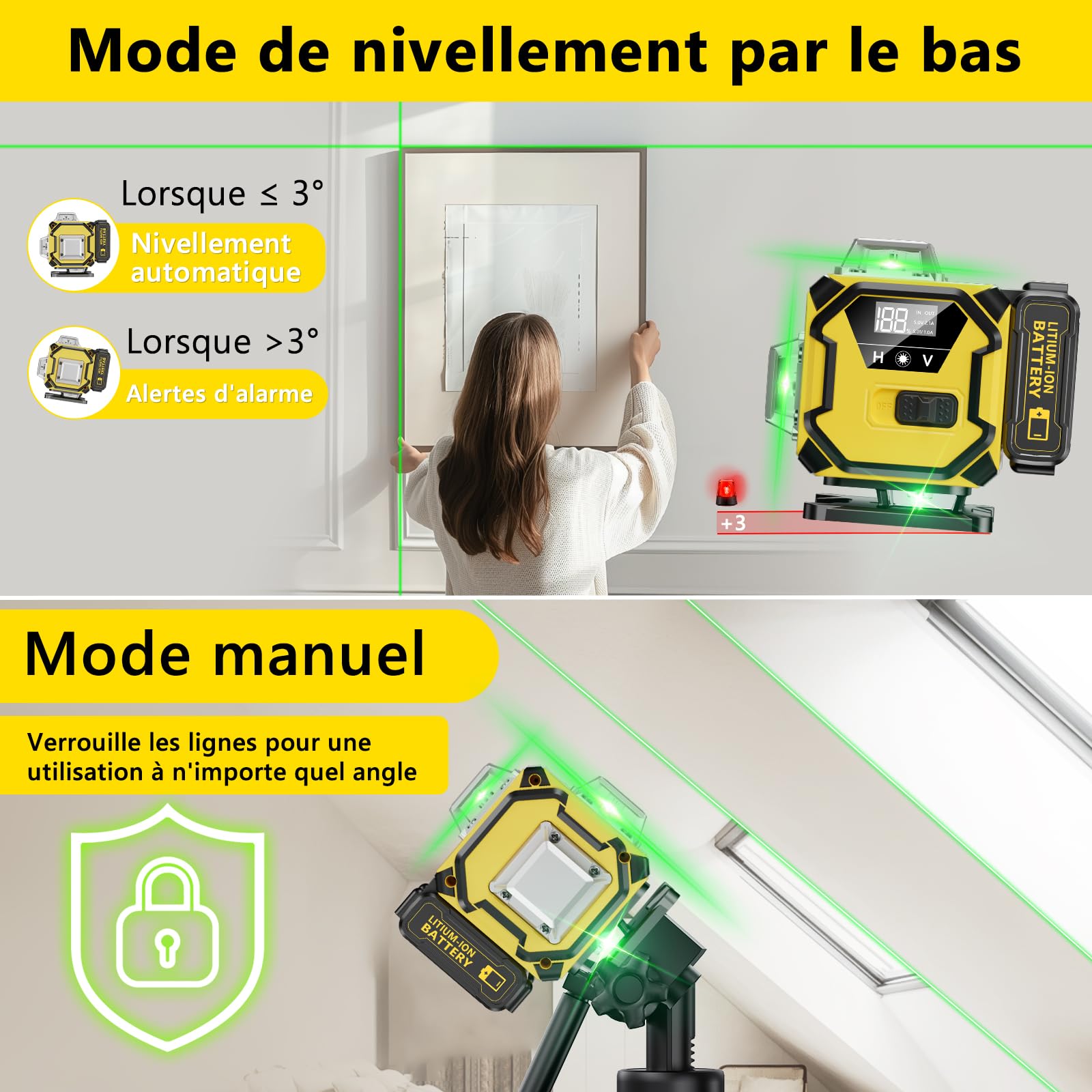Niveau Laser Chantier Autonivelant 360° x 4, Lazer Niveaux 4D 16 Lignes Laser, Autonivellement et Mode Pulsé Extérieur, 2 x Batterie, Nivellement Automatique, Support Rotatif, Télécommande