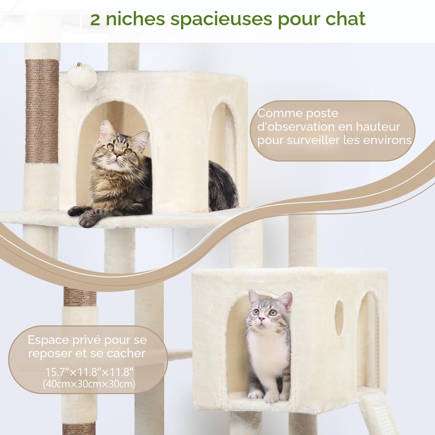 Globlazer Arbre a Chat Grand Hauteur 178 cm avec Doux Hamac, 2 Grandes Niches, Plateforme, Pente Sisal Peluche, Jouets, Arbres à Chat Coin Solide pour Gros Chats Repos Jeu Escalade (F70 Pro, Beige)