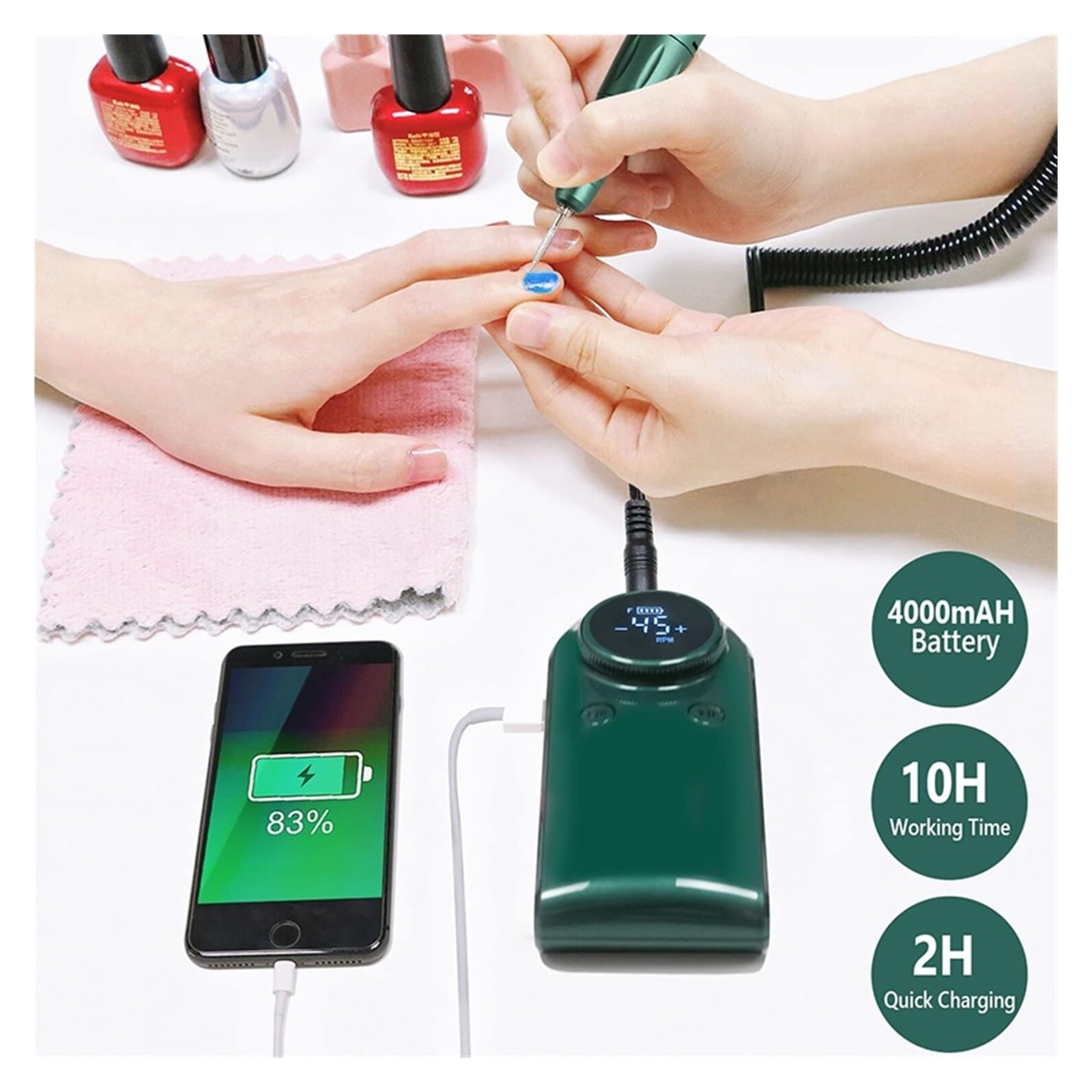 Trapano elettrico per unghie, 45000 giri/min, macchina per manicure ricaricabile con display LCD, set portatile senza fili per nail art, strumenti professionali per unghie, argento