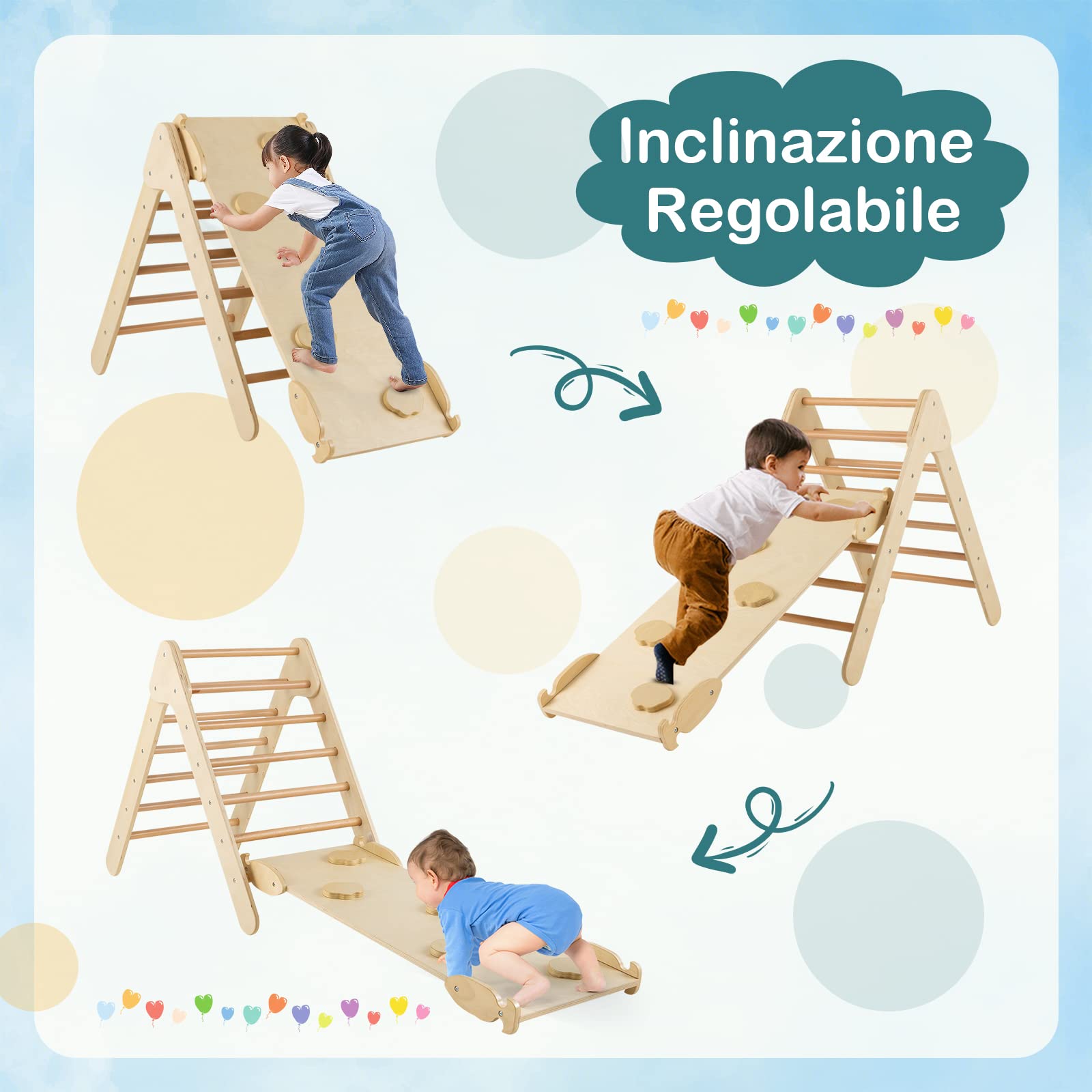 COSTWAY 3 in 1 Arrampicata Giocattolo a Triangolo per Bambini, Set di Arrampicata con Rampa di Scivolo a 2 Lati e Inclinazione Regolabile, Arrampicatore per Bambini 1 Anno+ (Naturale)