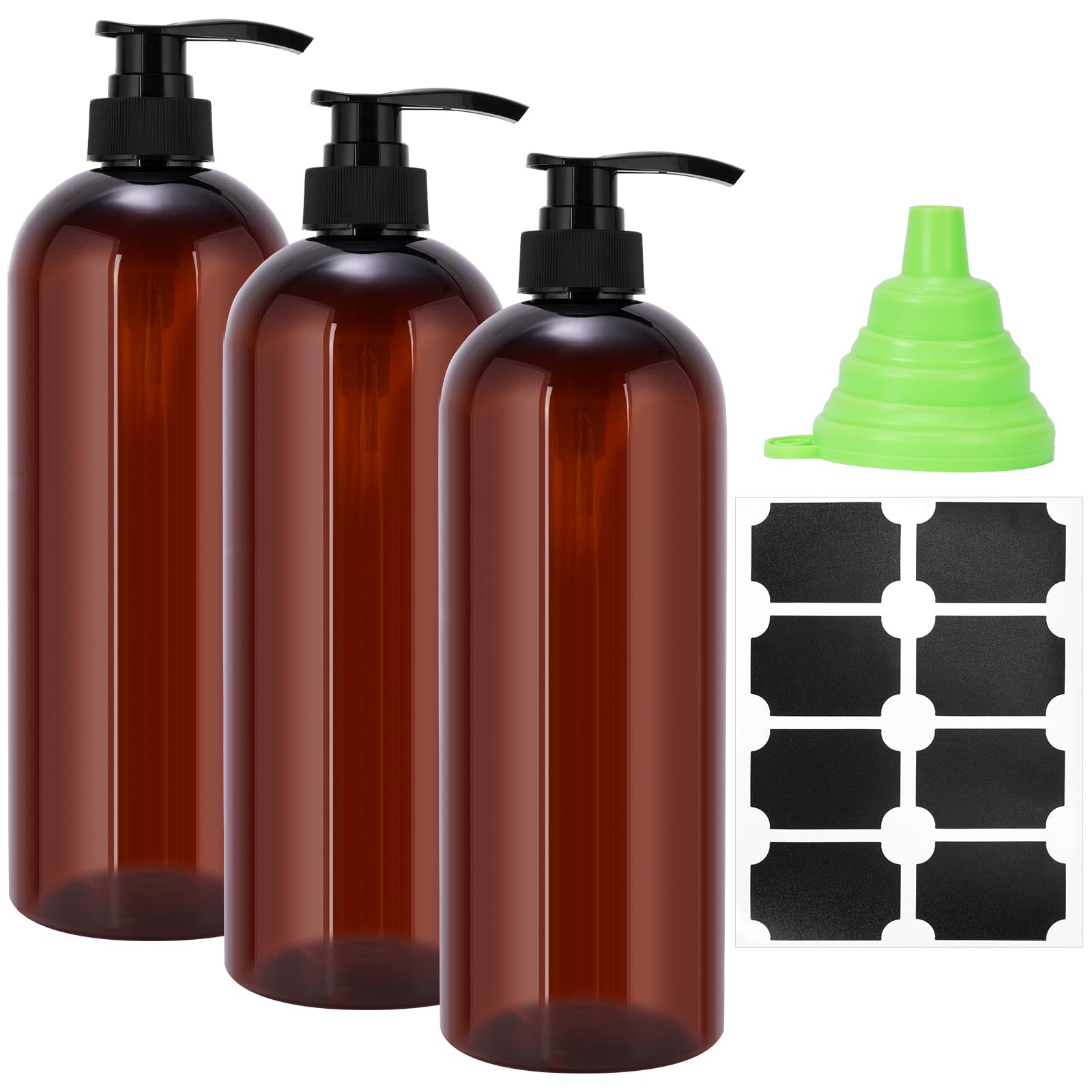 3 Pack Pump Bottle Dispenser, 1000ml/33.82oz Dispenser Bottle with Pump, Refillable PET Empty Shampoo and Conditioner Dispensers with Funnel and Label for Cleaning, Travel, Liquids