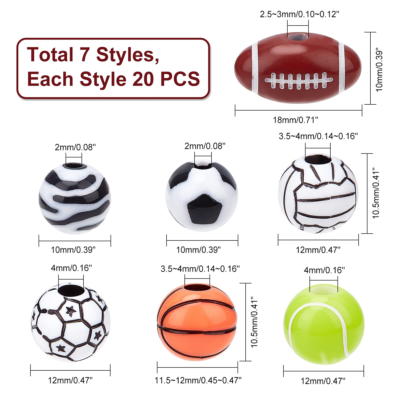 300 Sportballperlen Aus Acryl – Bulk-Set Mit 6 Motiven (Fußball, Basketball Etc.) & Stretchband Für Armbänder, DIY-Schmuck