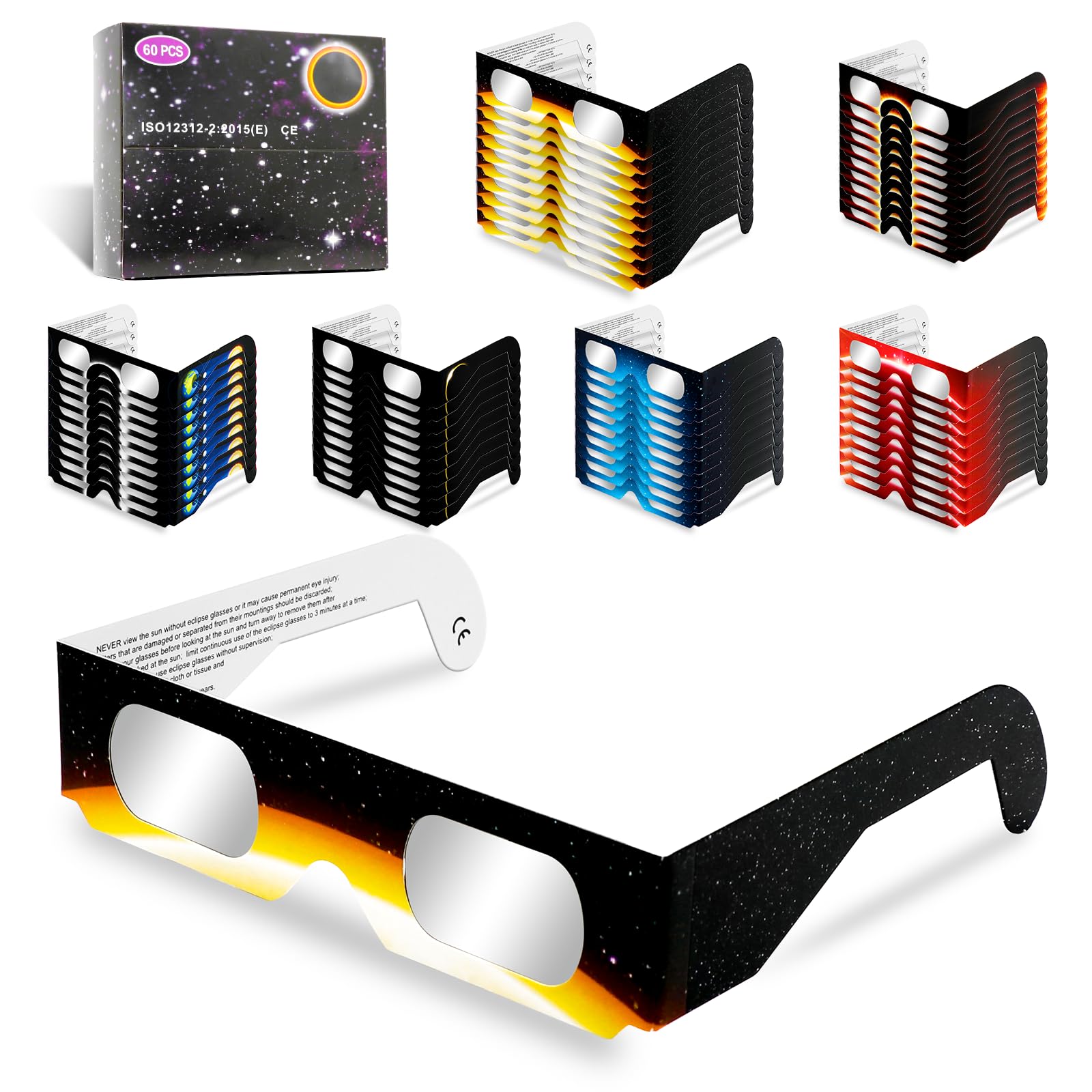 60 Pack Solar Eclipse Glasses Approved 2024,CE&ISO Certified Eclipse Glass for Solar Viewing,Optical Quality Safe Shades for Direct Sun Viewing