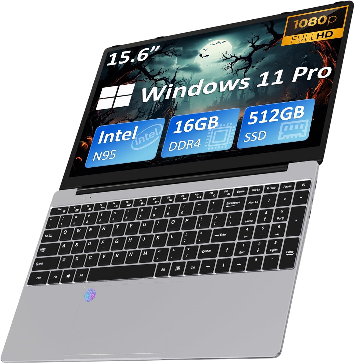 Auusda Laptop Computer with 16GB DDR4 512GB SSD, Intel Celeron N5095 Up to 2.9 GHz, 15.6 FHD IPS LCD, BK, Fingerprint Unlock, Cooling Fan, Webcam, Dual Speakers, Mini HDMI, USB-A x 2, Windows 11 Pro