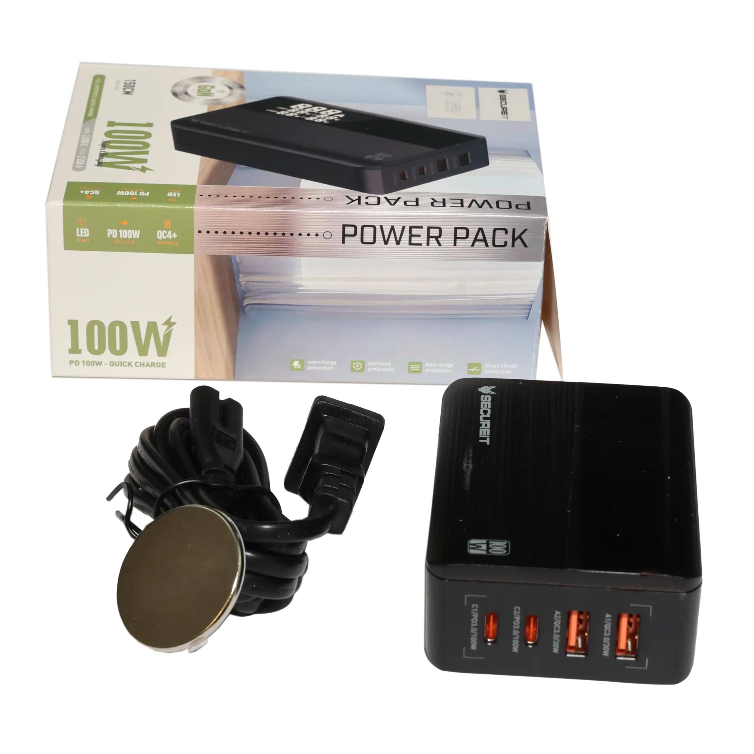 SECUREIT Power Pack - 4-port USB, magnetic charging station, USB-C + USB-A, for safes, cabinets, and lockers; charges phones, laptops, optics, batteries, and lights | easy delivery | 100-Watt |