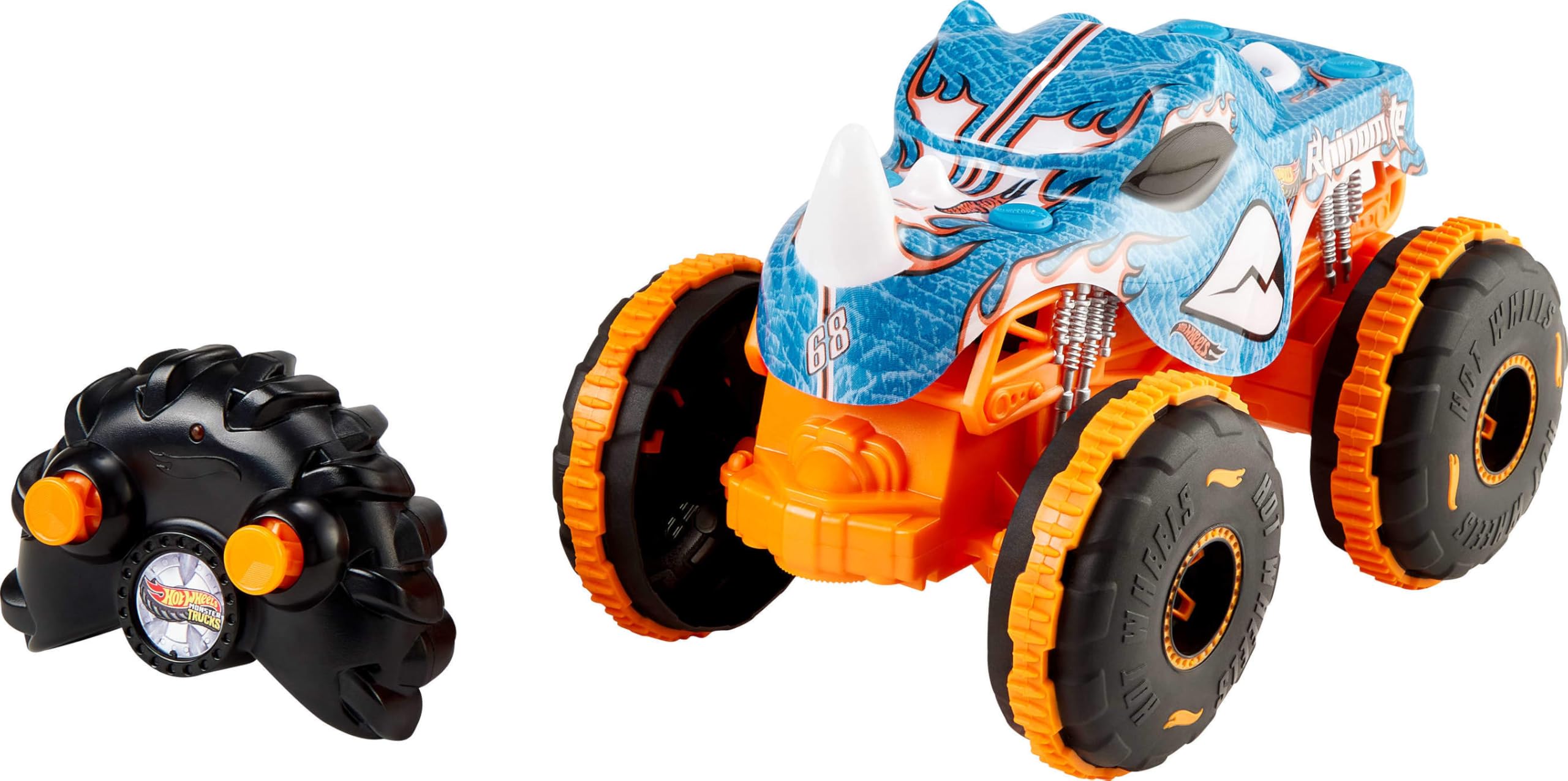 Hot Wheels Monster Trucks - Rhinomite R/C, camion radiocomandato in scala 1:24, con pneumatici Grip Action adatti a tutti i tipi di terreno e portata di 30 metri, 4+ anni, JBK11