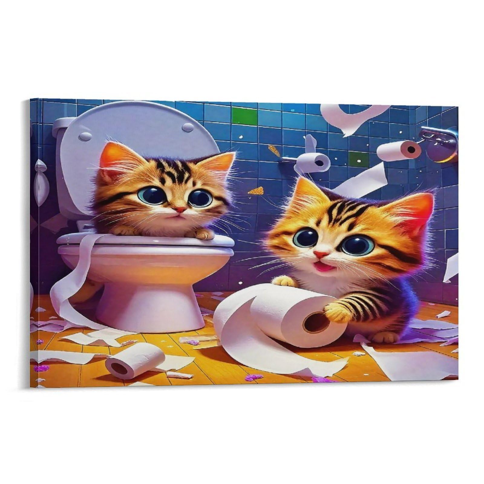CPLVKWRQJ Sleeping Orange Tabby Cat Among Flowers Single Piece Two Naughty Kittens Messy Bathroom Toilet Framed Wall Art - Office Canvas Print Fade Resistant Wall Focal Art Decor 12x18inch(30x45cm)