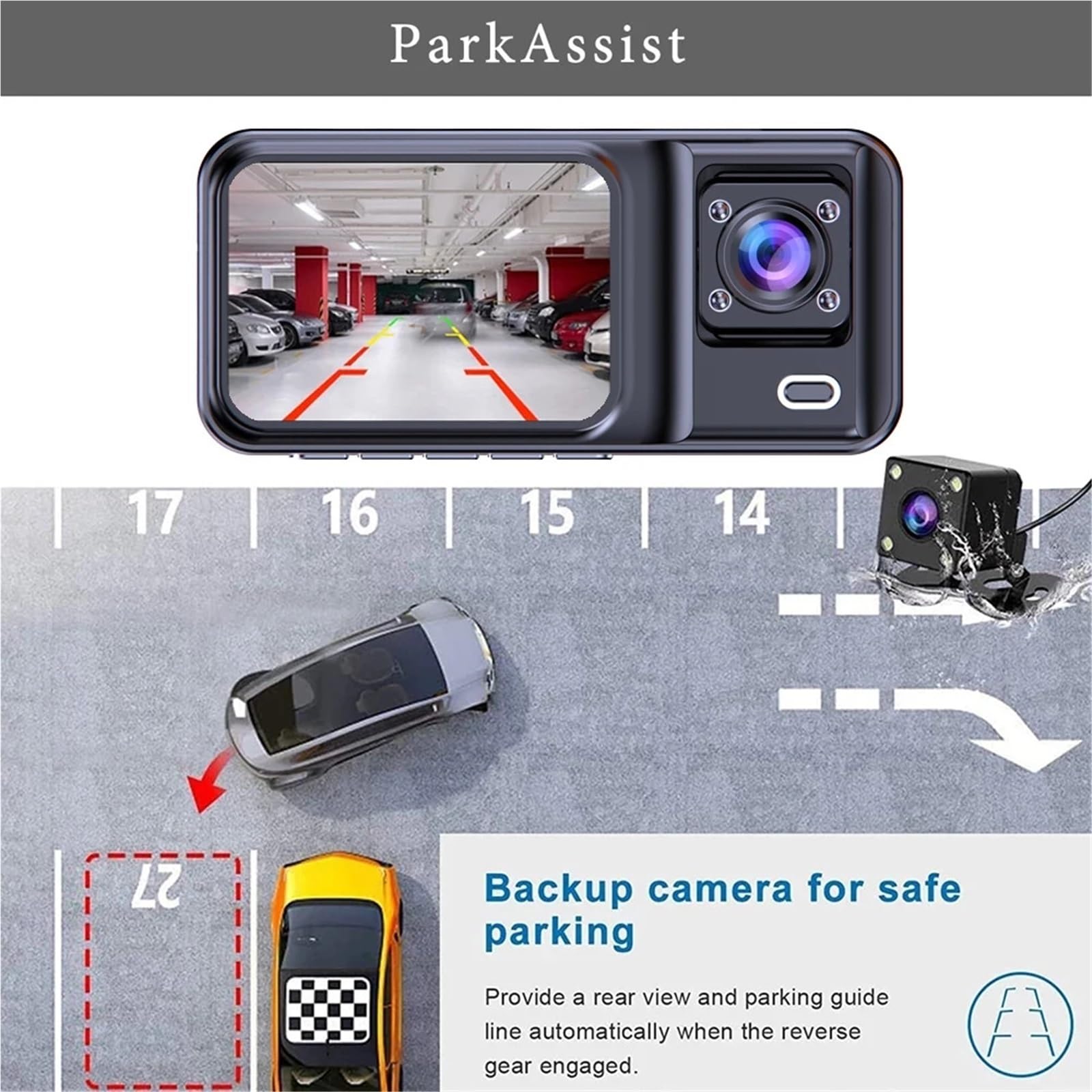 Cámara de Marcha atrás Cámara de Aparcamiento Cámara de salpicadero para Coche, Caja Negra, DVR para Coche, 1080P, cámara de visión Trasera(2 Lens Dash CAM,No TF Card)