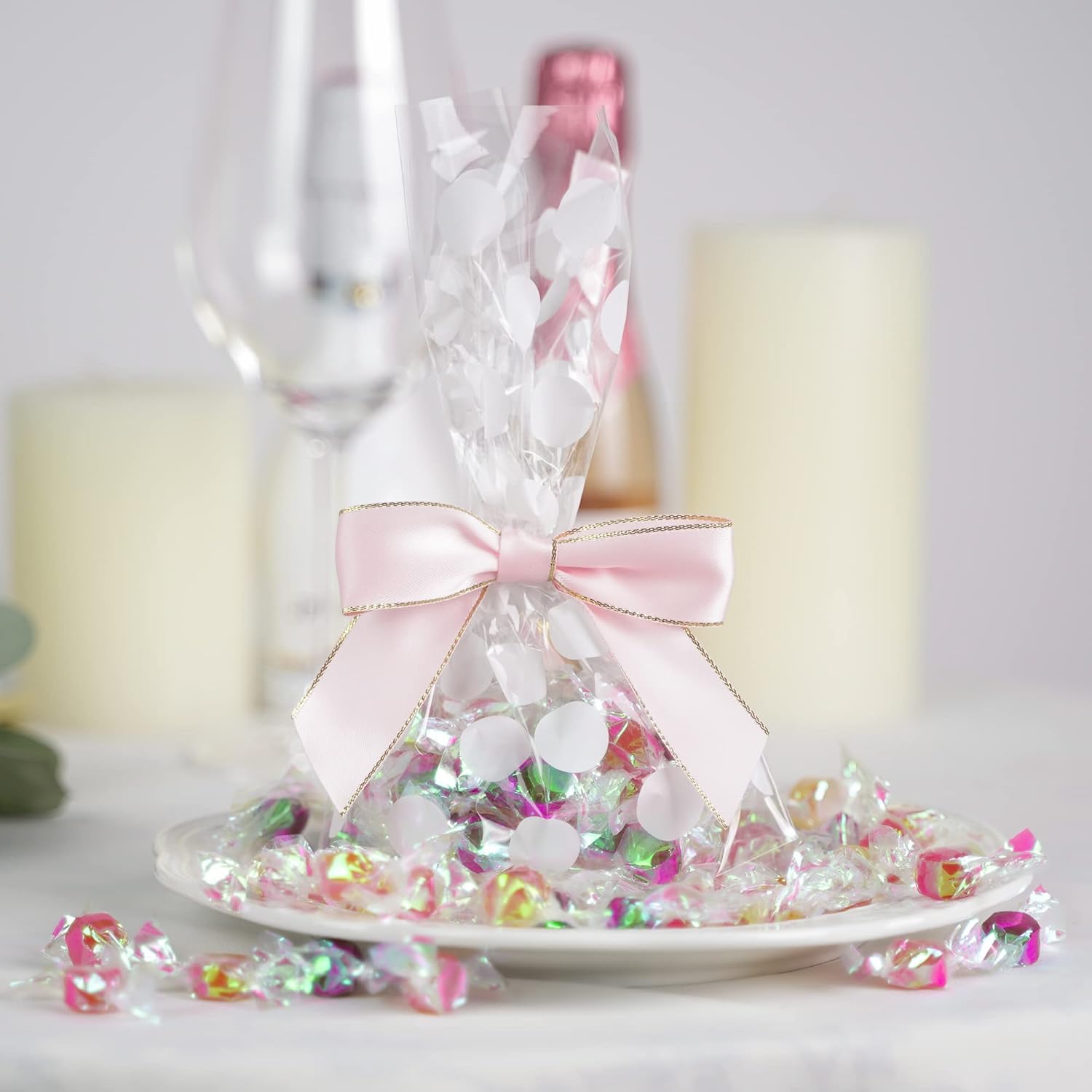 AIMUDI Pink Bows 3.5" Premade Satin Ribbon Bows with Gold Edge Pre-Tied Twist Tie Bows for Gift Wrapping Crafts Treat Bags Baby Shower Wedding Party Decorations, 50 Counts - Image 6