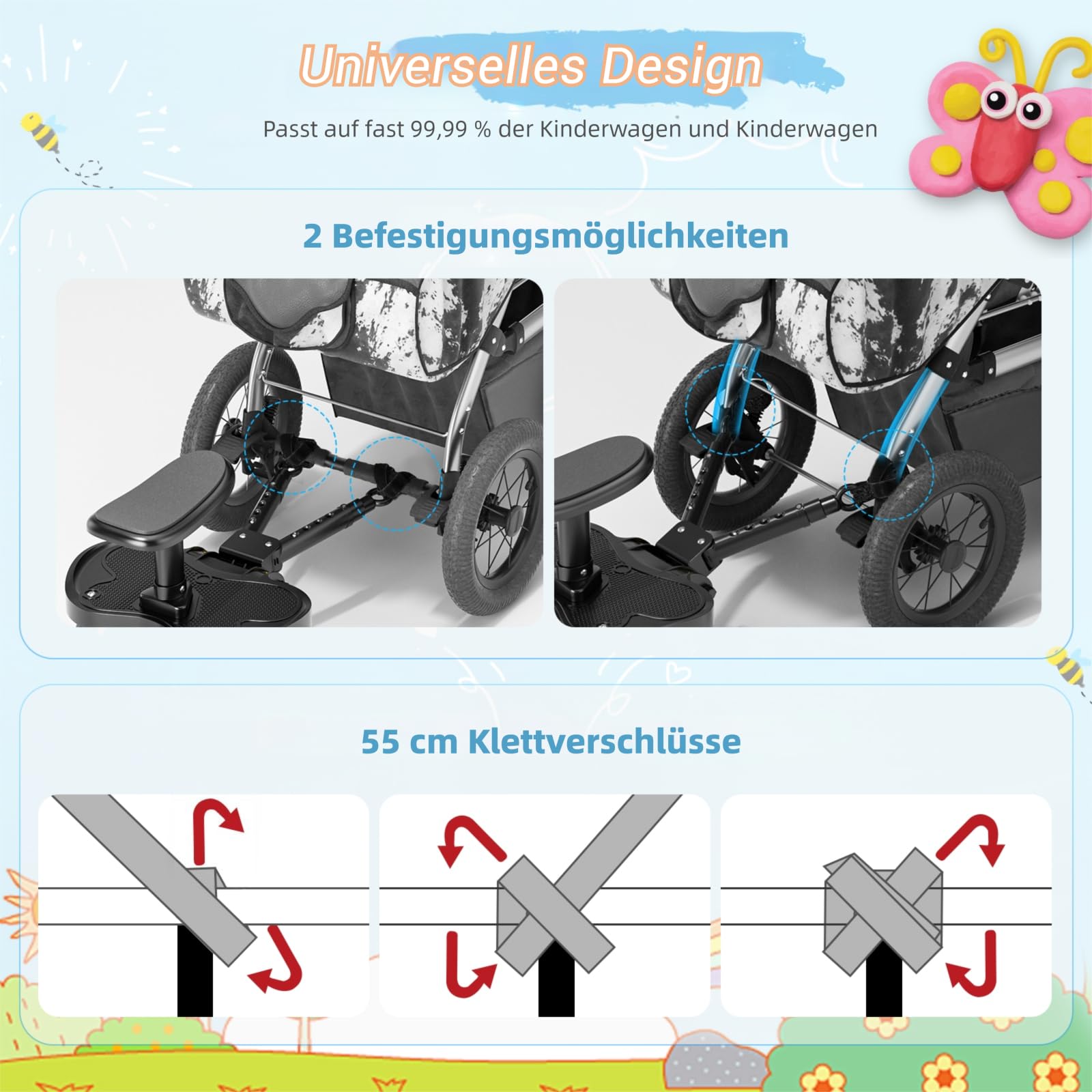Buggy Board mit Sitz, Trittbrett für Kinderwagen Universal für Kinder von 2 bis 6 Jahren, Flexible Anpassung Kiddy Board, Kompatibel mit den Meisten Kinderwagen, Bearing 25KG