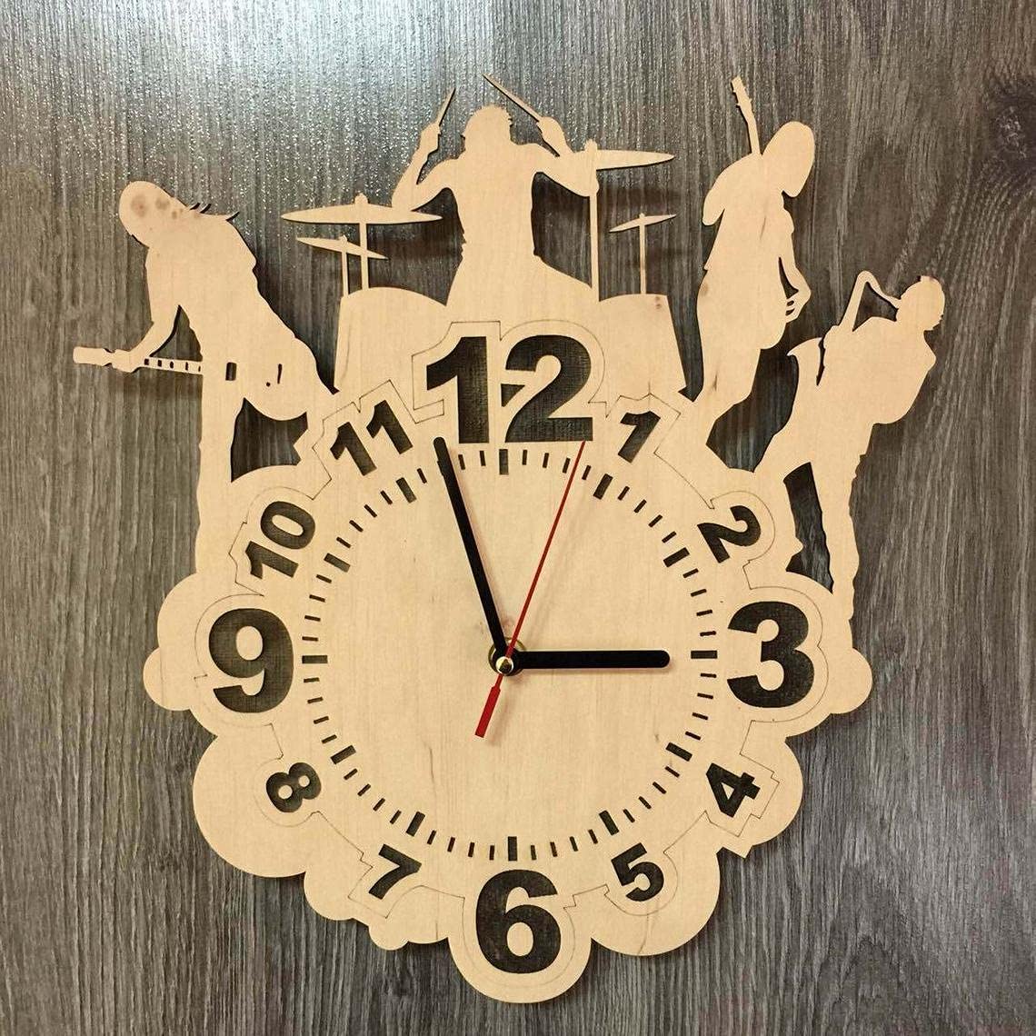 NABSTER Rock Music Wall Clock - 12 Inch / 30 Cm - Unique Wood Room Decor Music Gifts Fans Decorative Art Kitchen Wedding Christmas Anniversary Birthday - Modern Rustic Beige Unisex Wall Mount