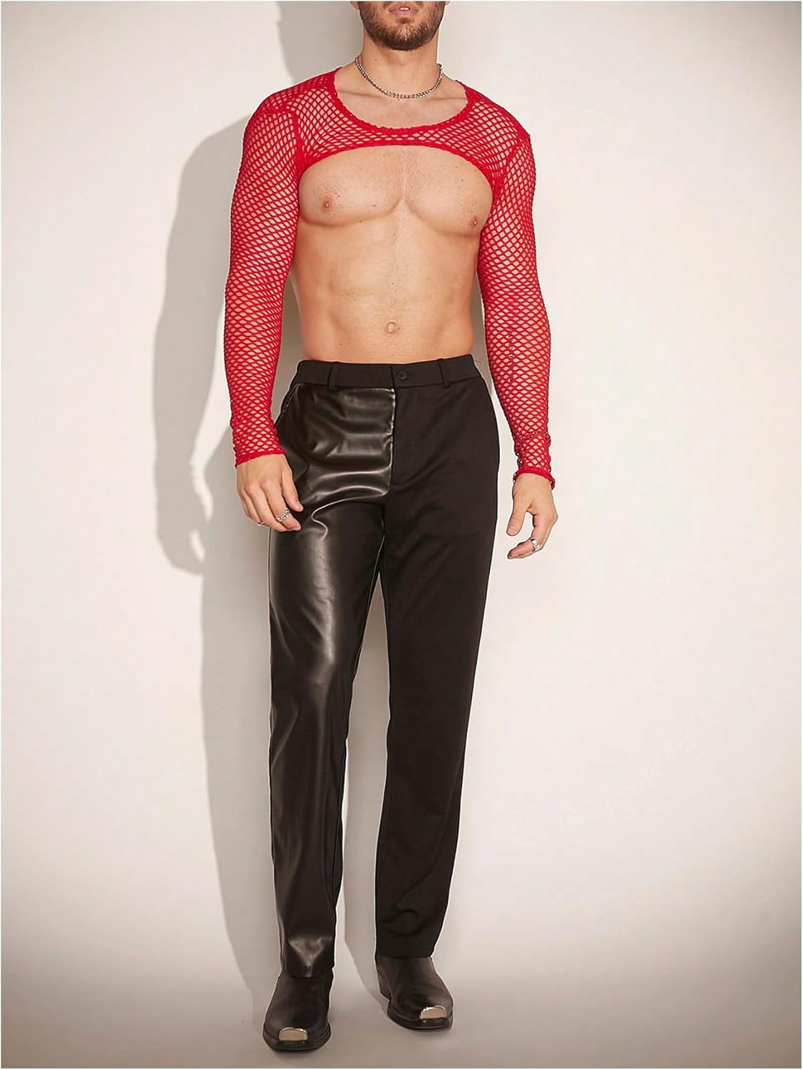 WDIRARA Men's Fishnet Sheer Mesh Long Sleeve T-Shirt Crop Top Slim Fit Party Tee Tops - Image 4