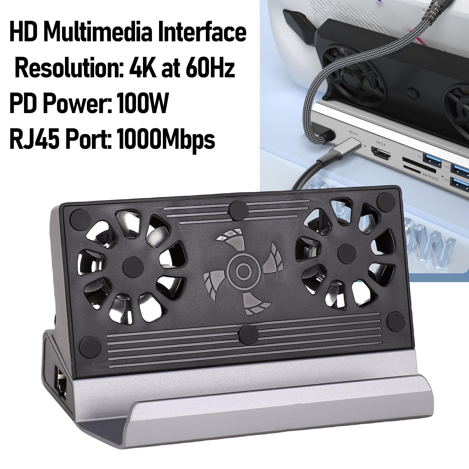 PUSOKEI Stacja Dokująca USB C 9 W 1 z Wentylatorem Chłodzącym do Steam Deck i ROG Ally, Podstawka Dokująca Steam Deck z 4K 60 Hz, Gigabit Ethernet, 3 USB3.0, 3 USB2.0, 100 W PD