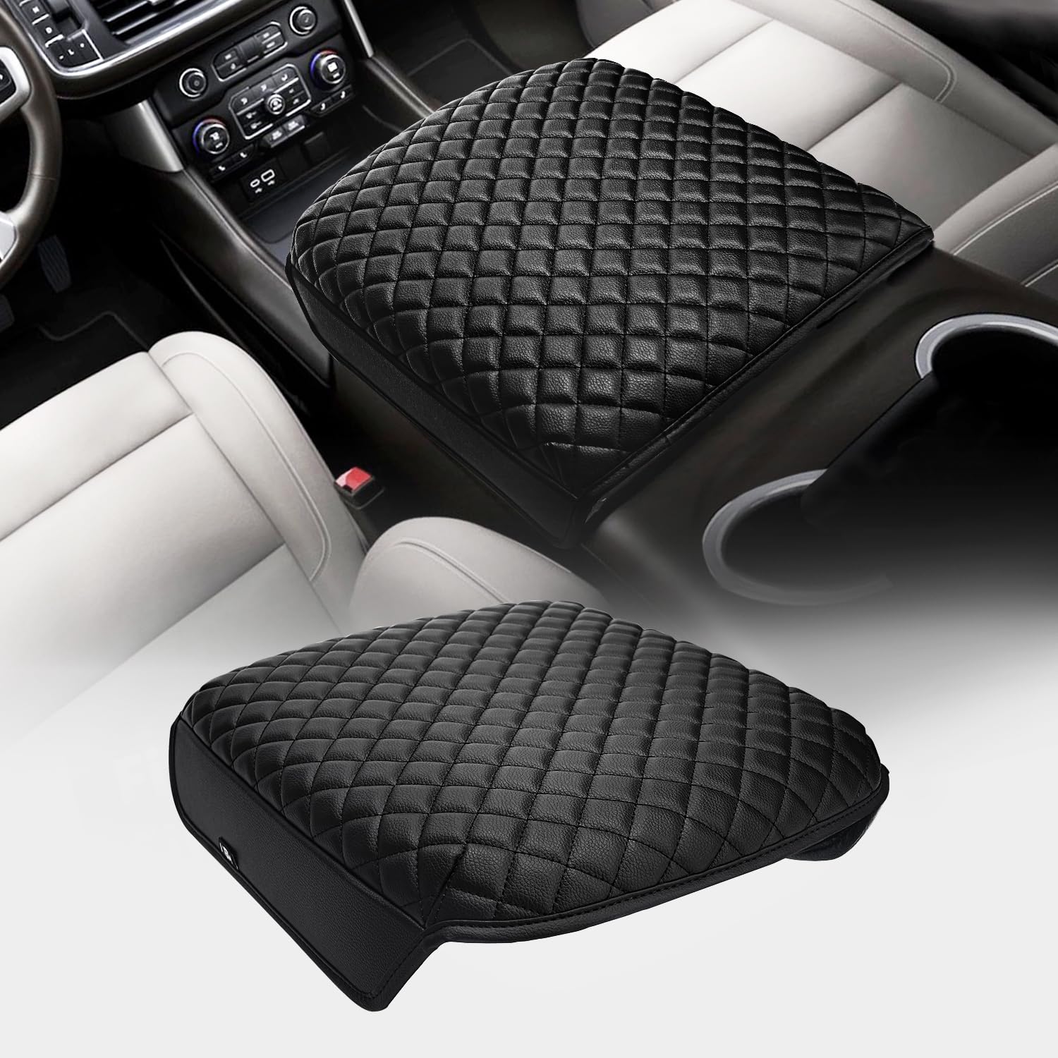 KBH Center Console Armrest Cover for Chevy Chevrolet Silverado & GMC Sierra 2019-2026, Tahoe & Suburban & Yukon 2021-2026, Bucket Seat, Vinyl Leather Car Arm Rest Box Cushion Pad Protector, Black