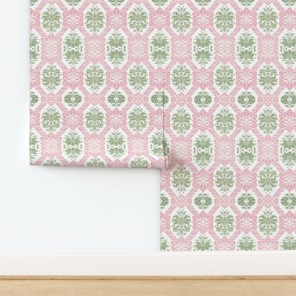 Peel & Stick Wallpaper 3ft x 2ft - Indian Block Print Bombay Pink and Green Colonial Custom Removable Wallpaper by Spoonflower