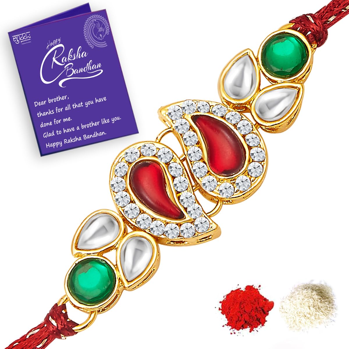 Sukkhi Rakhi Dainty Kundan Designer Gold Plated Premium Rakhi for Brother With Roli Chawal & Greeting Card | Rakhi for Bhaiya | Rakhi for MEN | Kundan Rakhi | (RAK73479) (B07FM8DLPQ) Amazon Price History, Amazon Price Tracker