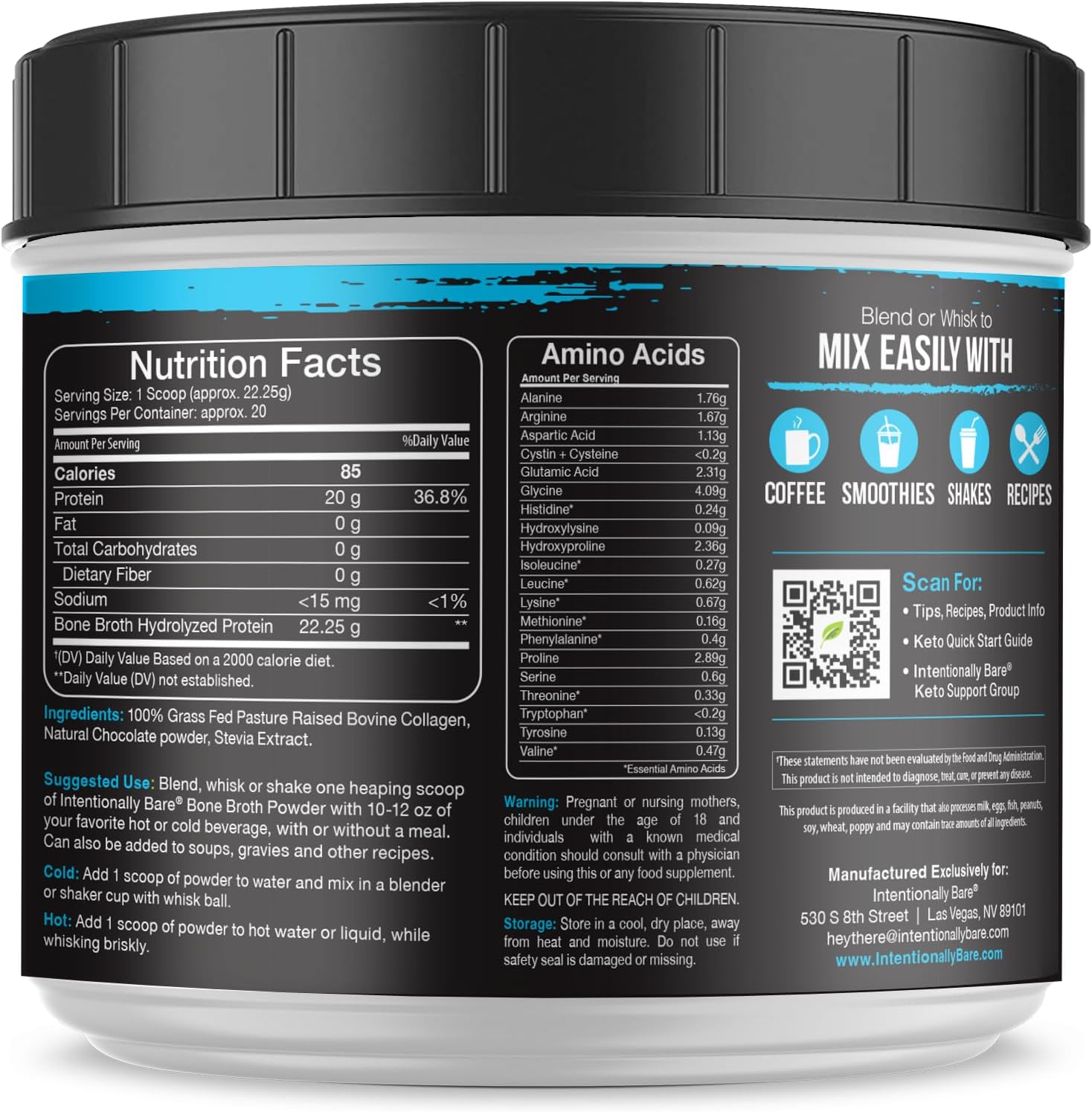 Intentionally Bare Bone Broth Powder - Grass Fed Bone Broth Protein Powder - Collagen Peptides Type 1, 2 & 3 - Dairy Free Hydrolyzed Collagen for Skin, Hair, Gut & Joints – Chocolate - 20 Servings